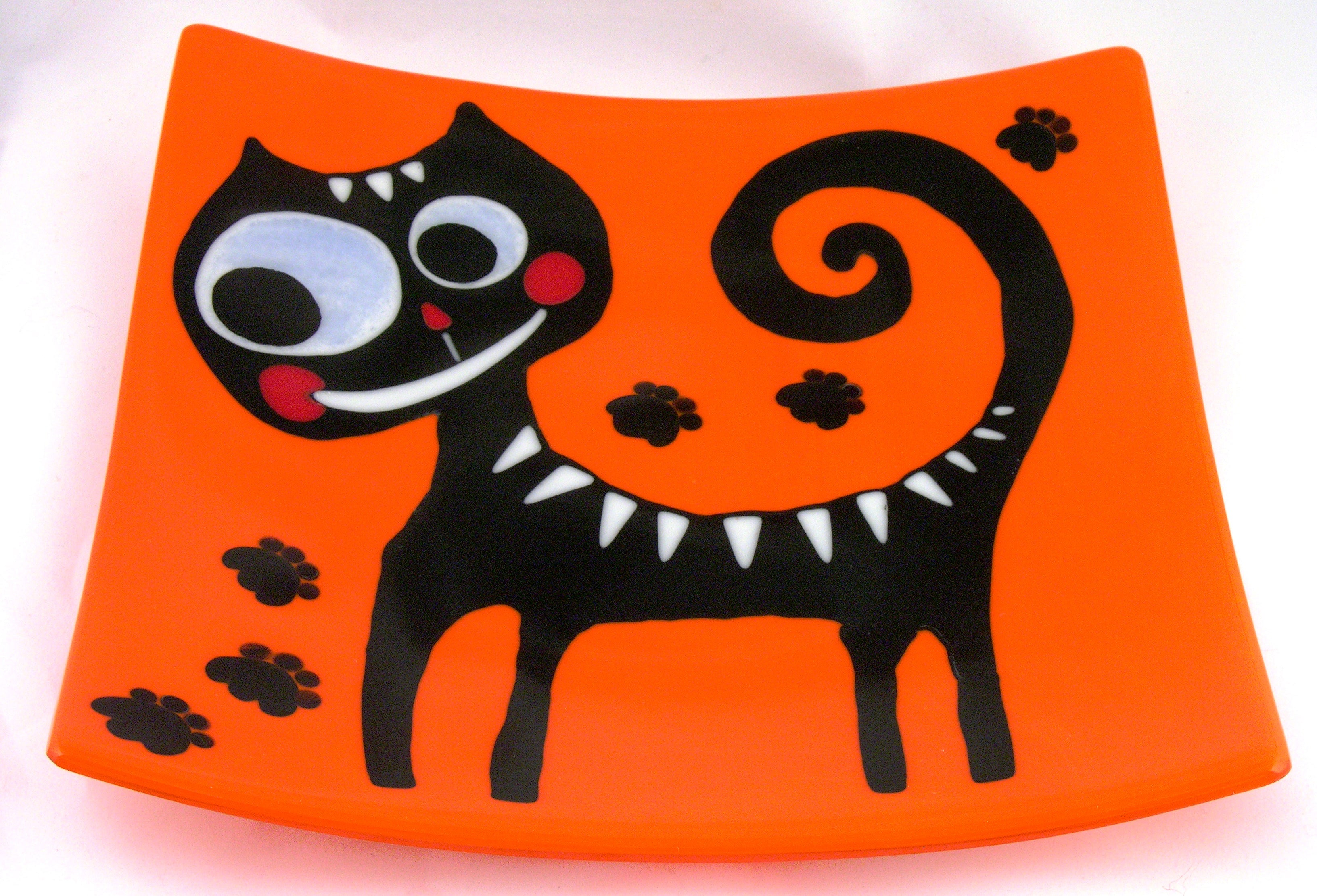 Fused Glass Plate: Black Cat on Orange