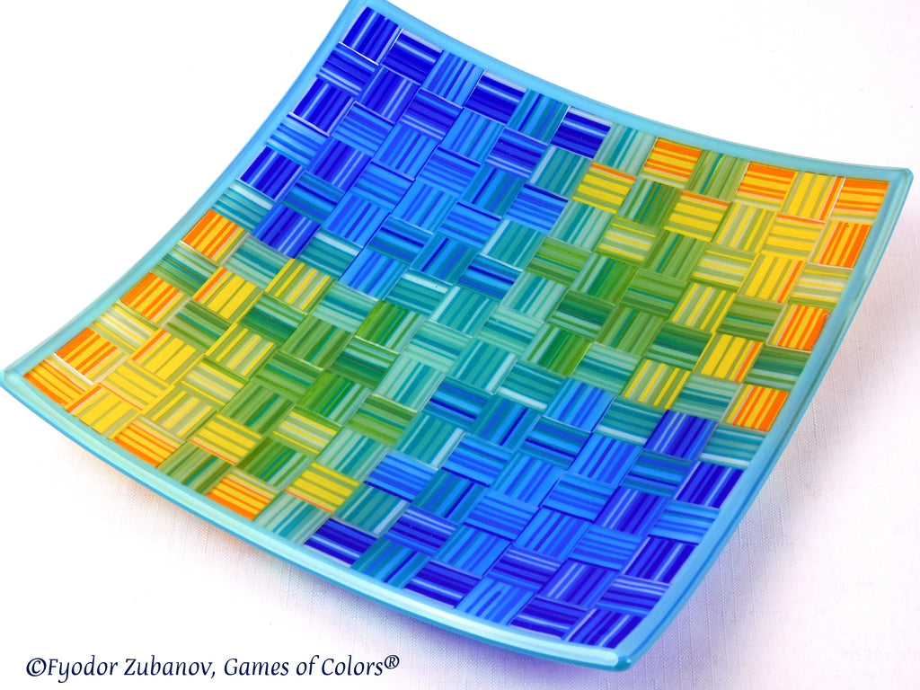 Fused glass plate Woven ribbons: Summer