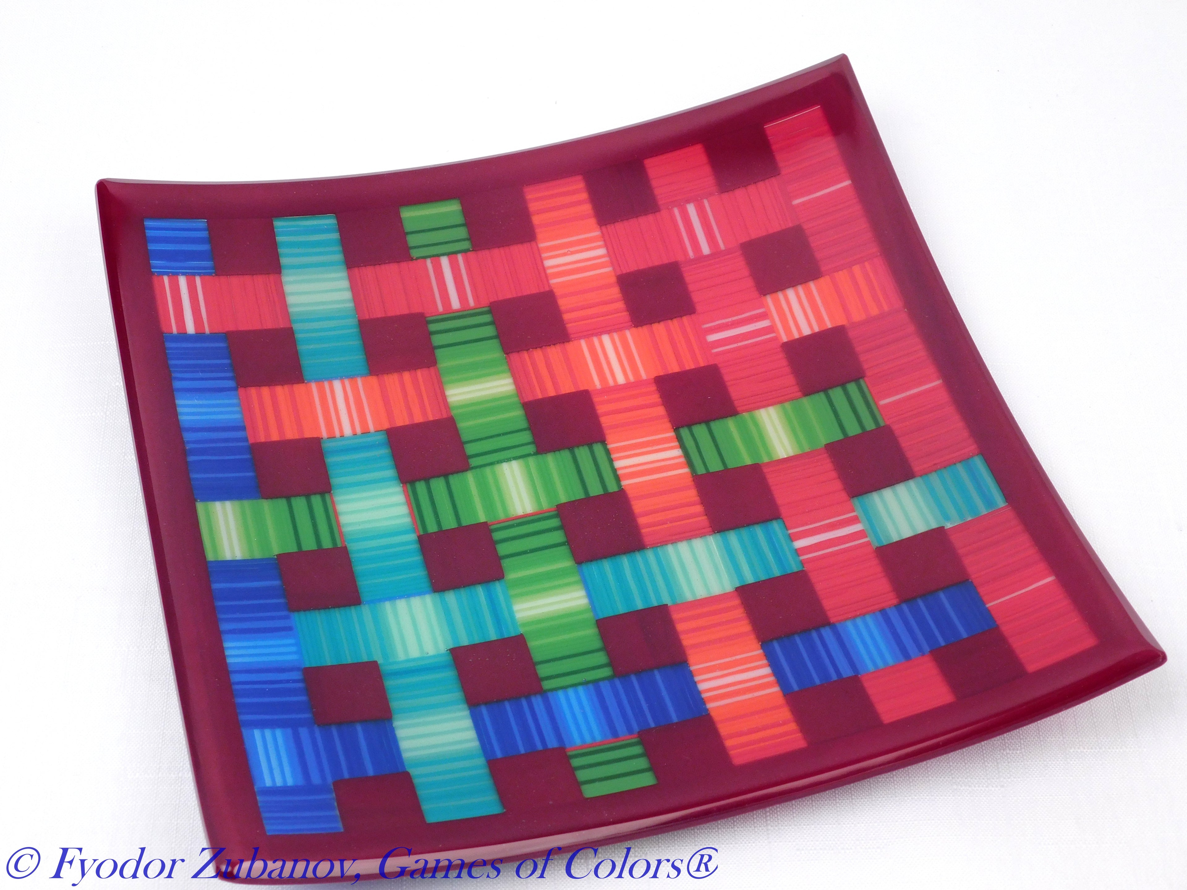 Fused glass plate Woven ribbons: Rainbow