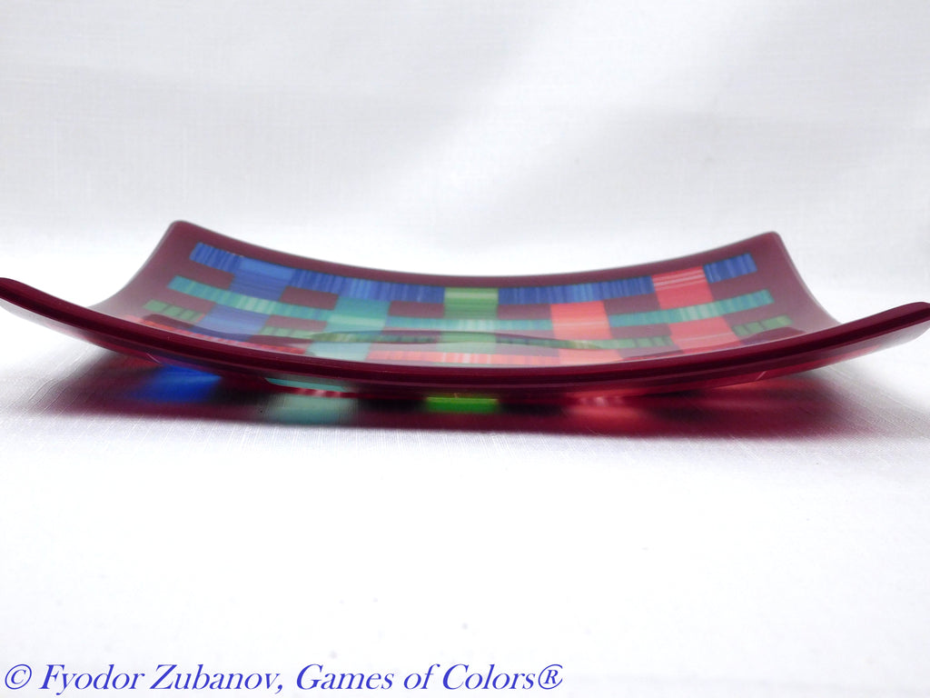Fused glass plate Woven ribbons: Rainbow