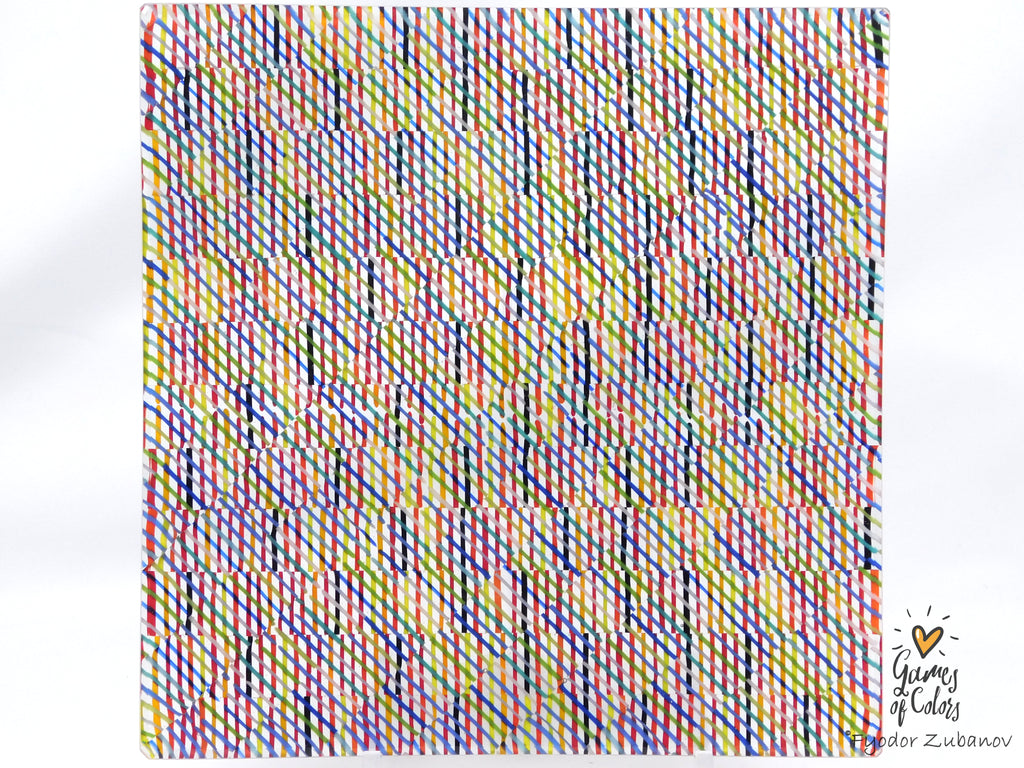 A square glass plate imitating textile or fabric with a dense multicolor zigzag stripe pattern on a white base, photographed against a plain white background. 