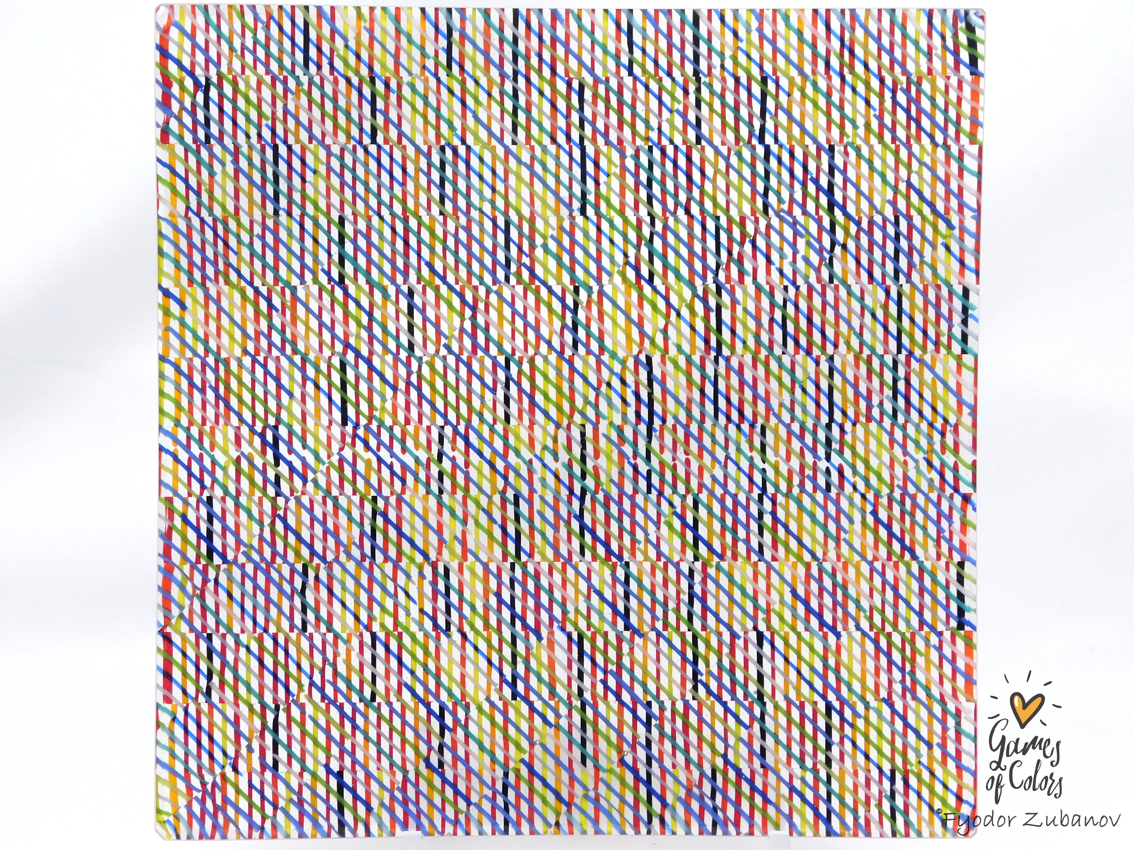 A square glass plate imitating textile or fabric with a dense multicolor zigzag stripe pattern on a white base, photographed against a plain white background. 