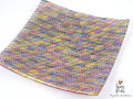 A square glass plate with rounded corners, featuring a vibrant multicolor pattern of intersecting wavy lines in pink, blue, yellow, green, and orange, photographed on a white background with a 'Gumay of Candy' watermark in the bottom right corner.
