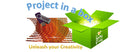 Promotional graphic for a 'Project in a box' package, featuring a green open box labeled 'Games & Cards' with a glowing yellow light, a purple USB flash drive, and an orange patterned fabric bundle on a white background with the text 'Project in a box' and 'Unleash your Creativity'.