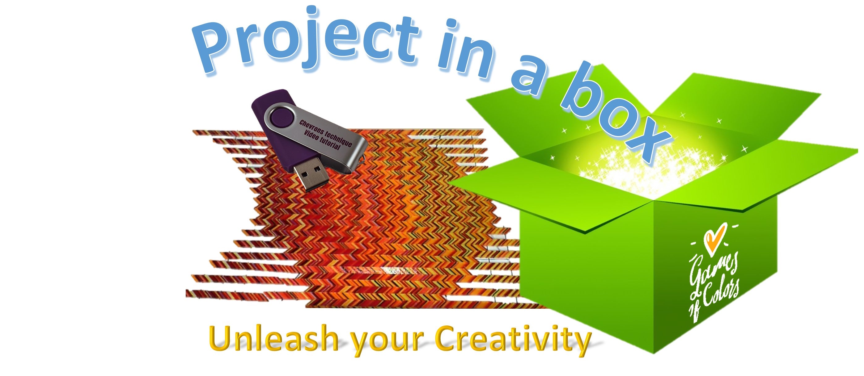 Promotional graphic for a 'Project in a box' package, featuring a green open box labeled 'Games & Cards' with a glowing yellow light, a purple USB flash drive, and an orange patterned fabric bundle on a white background with the text 'Project in a box' and 'Unleash your Creativity'.