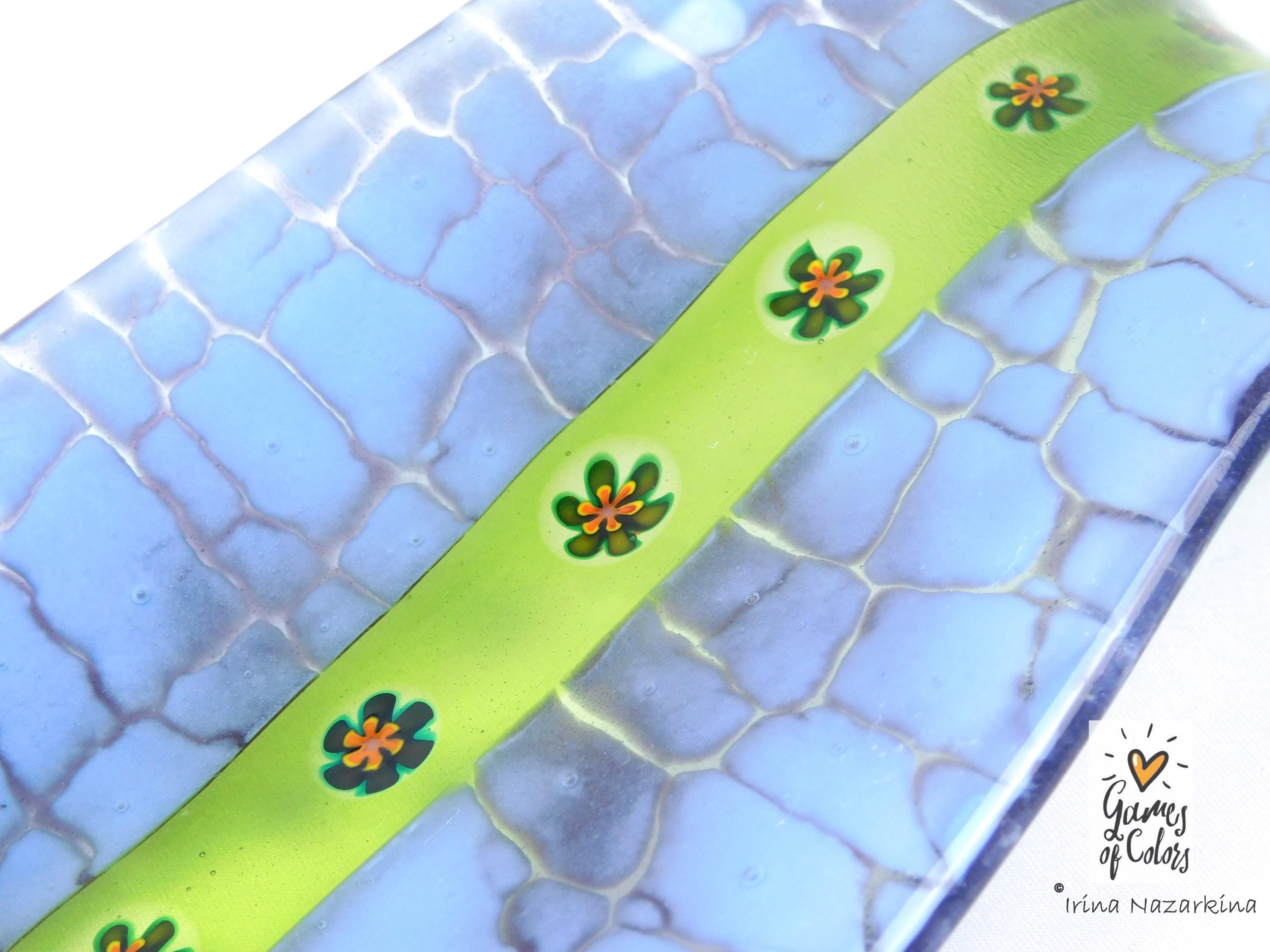 Meadow Ribbon – Fused Glass Spoon Rest / Floral Green Kitchen Art