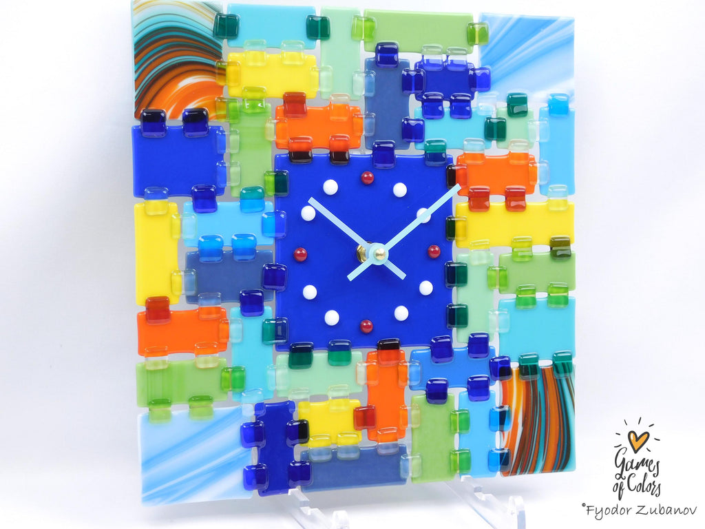 Fused Glass Square Wall Clock - Blue dial, multicolor face