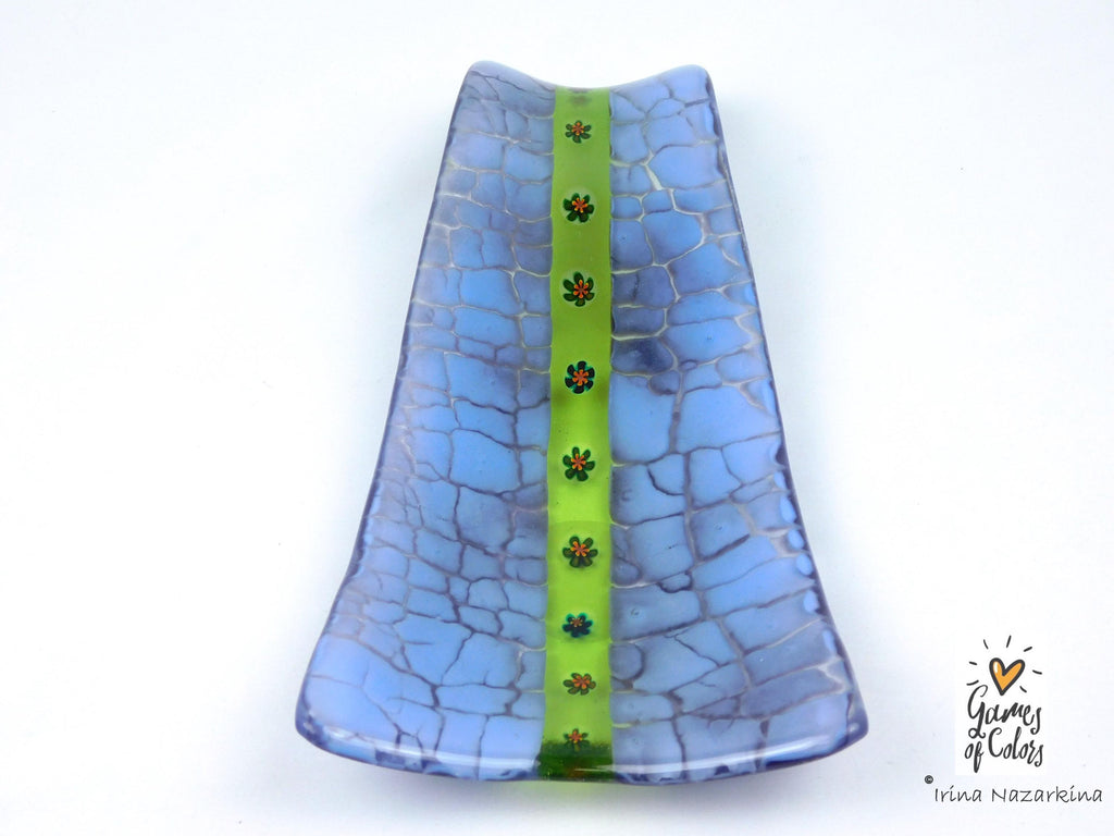 Meadow Ribbon – Fused Glass Spoon Rest / Floral Green Kitchen Art