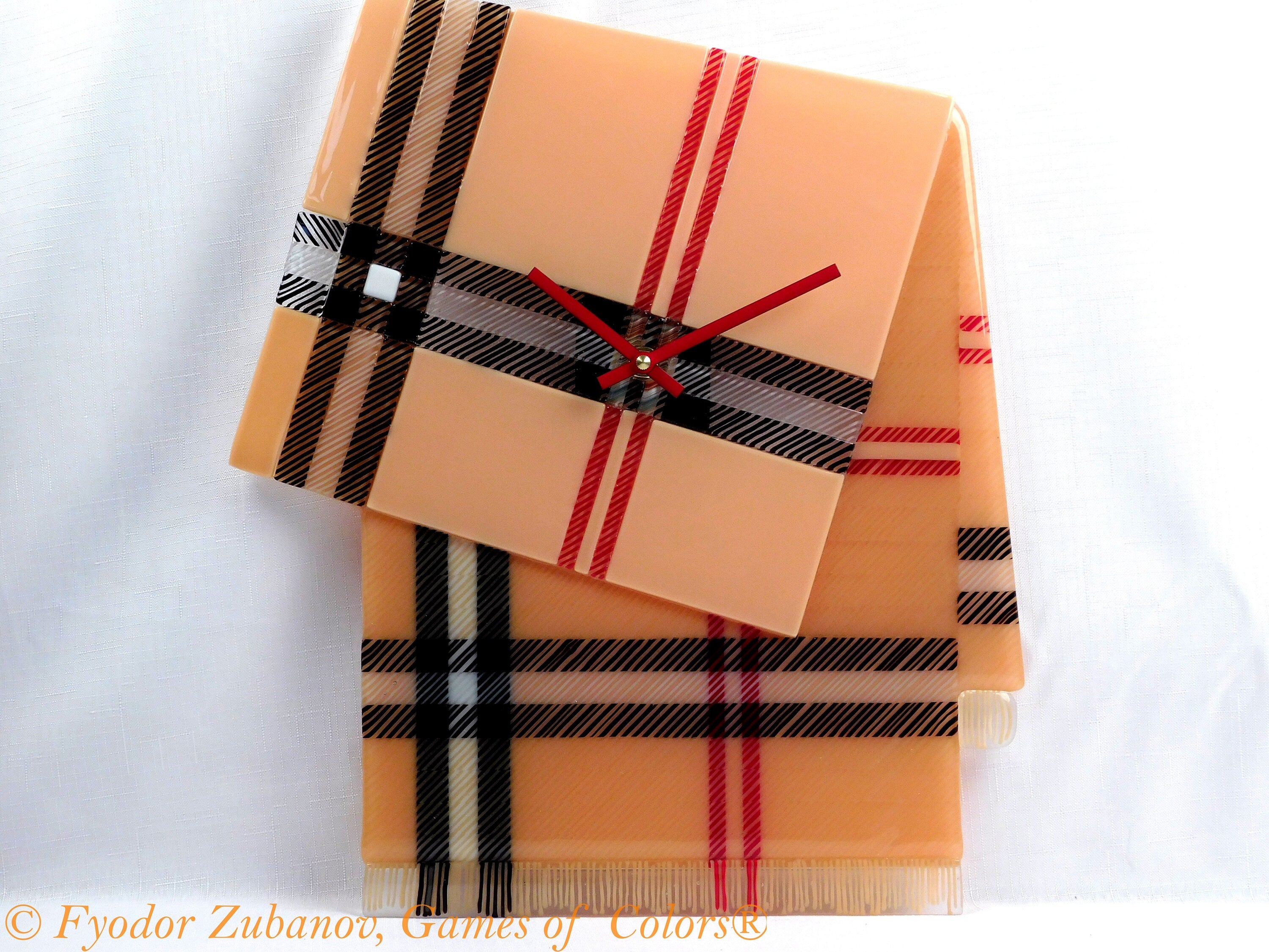 A decorative stylish wall clock "Tartan B"; fused glass, battery powered, one-of-a-kind, anniversary present
