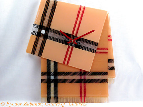 A decorative stylish wall clock "Tartan B"; fused glass, battery powered, one-of-a-kind, anniversary present