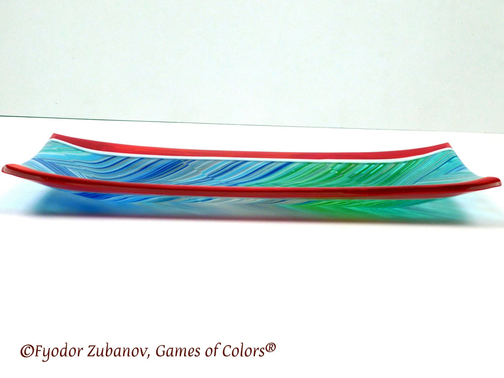 Fused Glass Sushi Plate: Peacock Feather Chevron Design