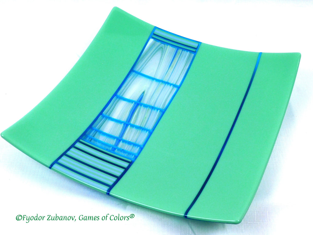 Fused Glass Square Plate: Spring Green Striped Centerpiece