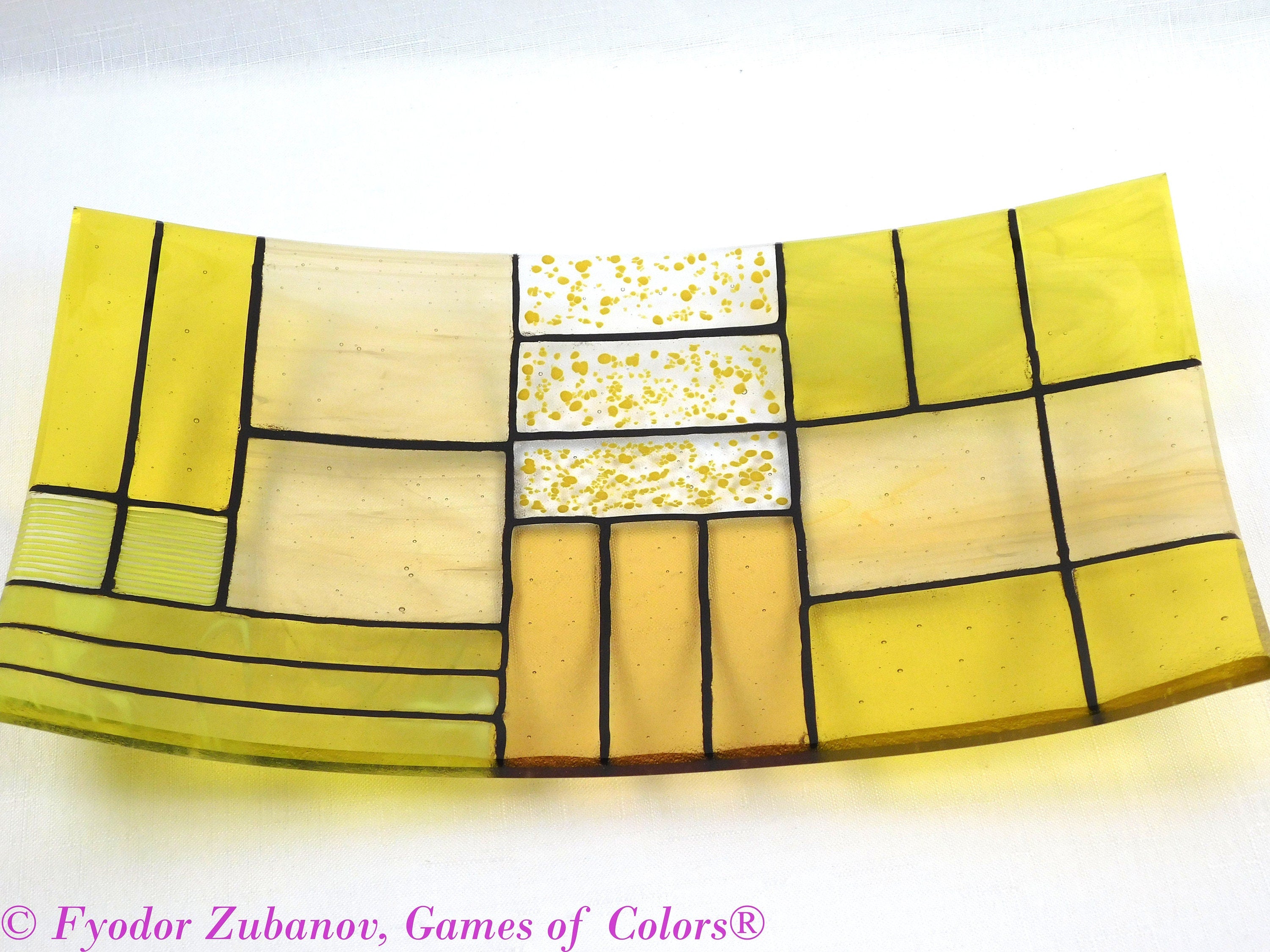 A rectangular fused glass plate "A Gentle color mix - Yellows"; Decorative Plate; professional look; food safe; art glass;