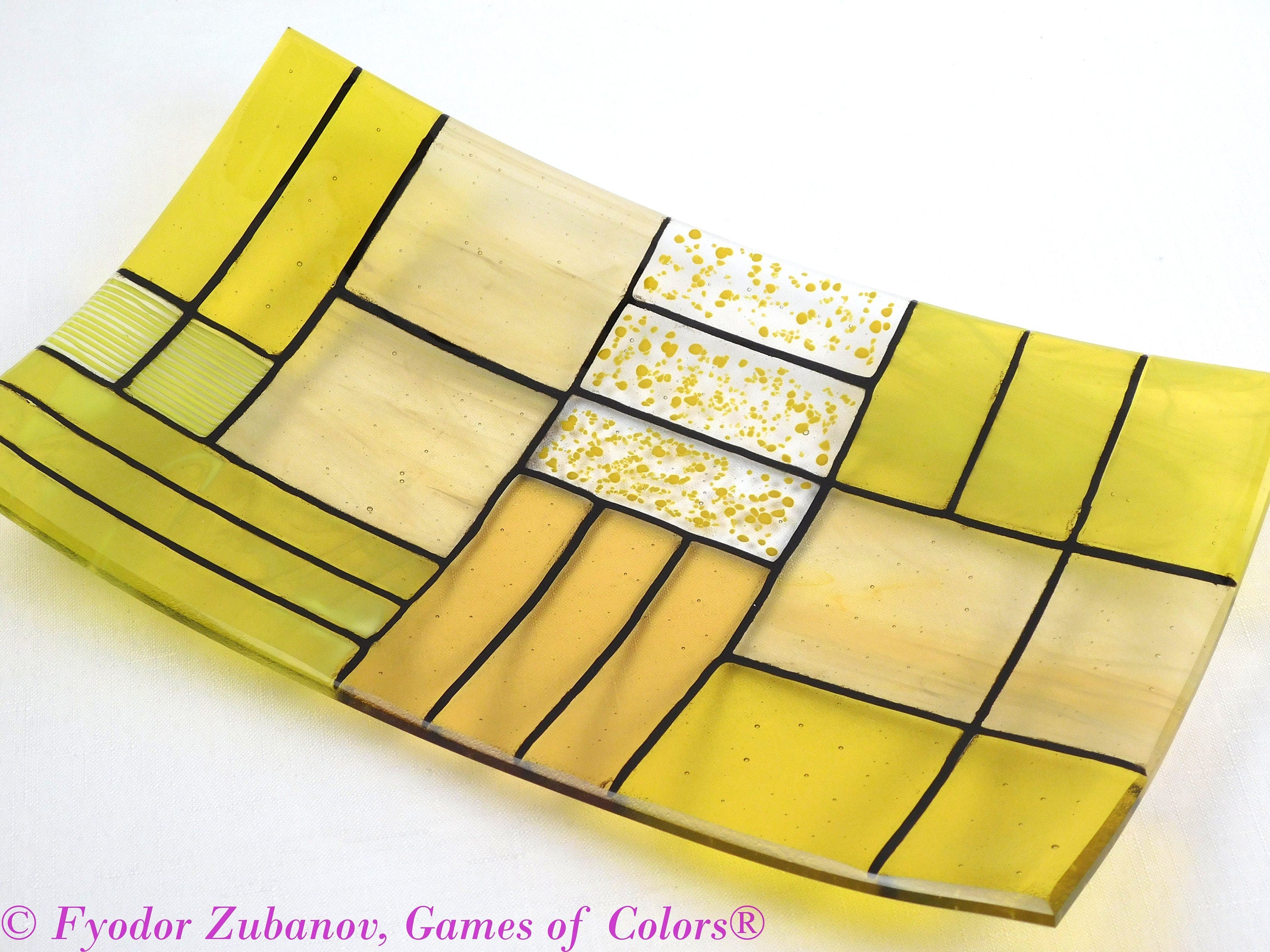 A rectangular fused glass plate "A Gentle color mix - Yellows"; Decorative Plate; professional look; food safe; art glass;