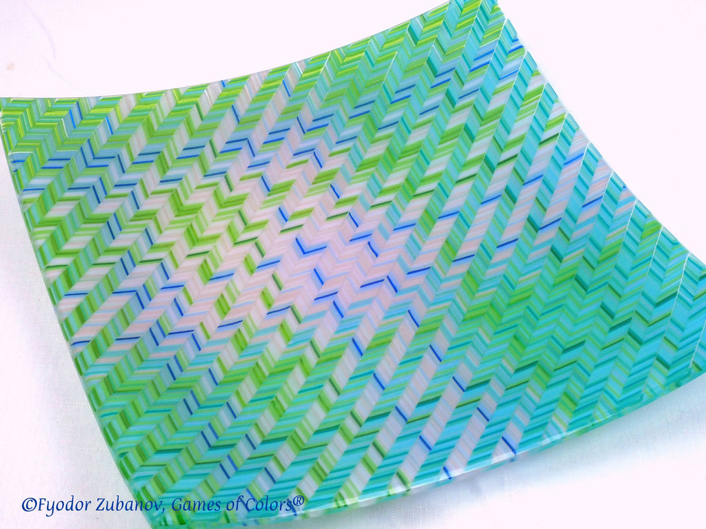Fused Glass Plate: "Blue Stitches" Chevron Art Glass Tray (12x12 inches)