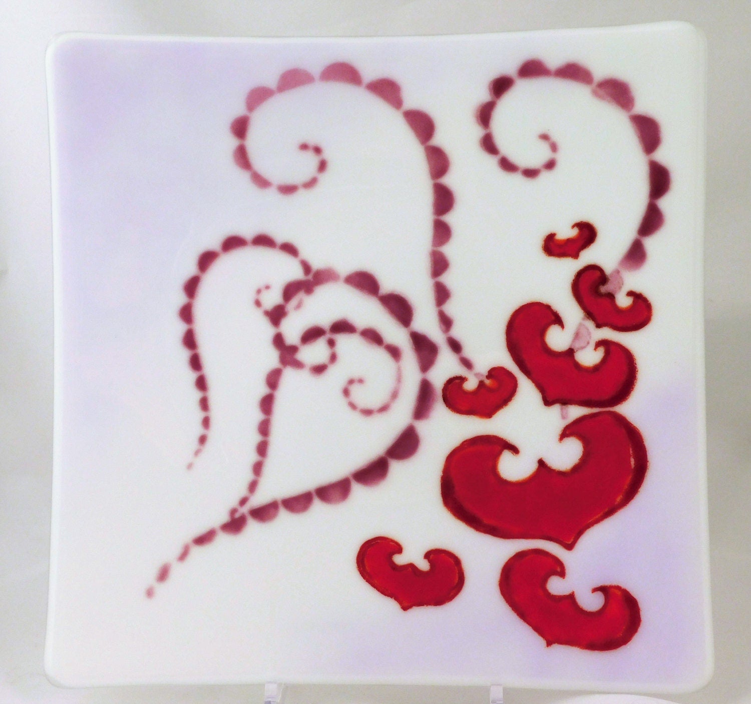 Large square fused glass plate Flying Hearts; valentines day gift