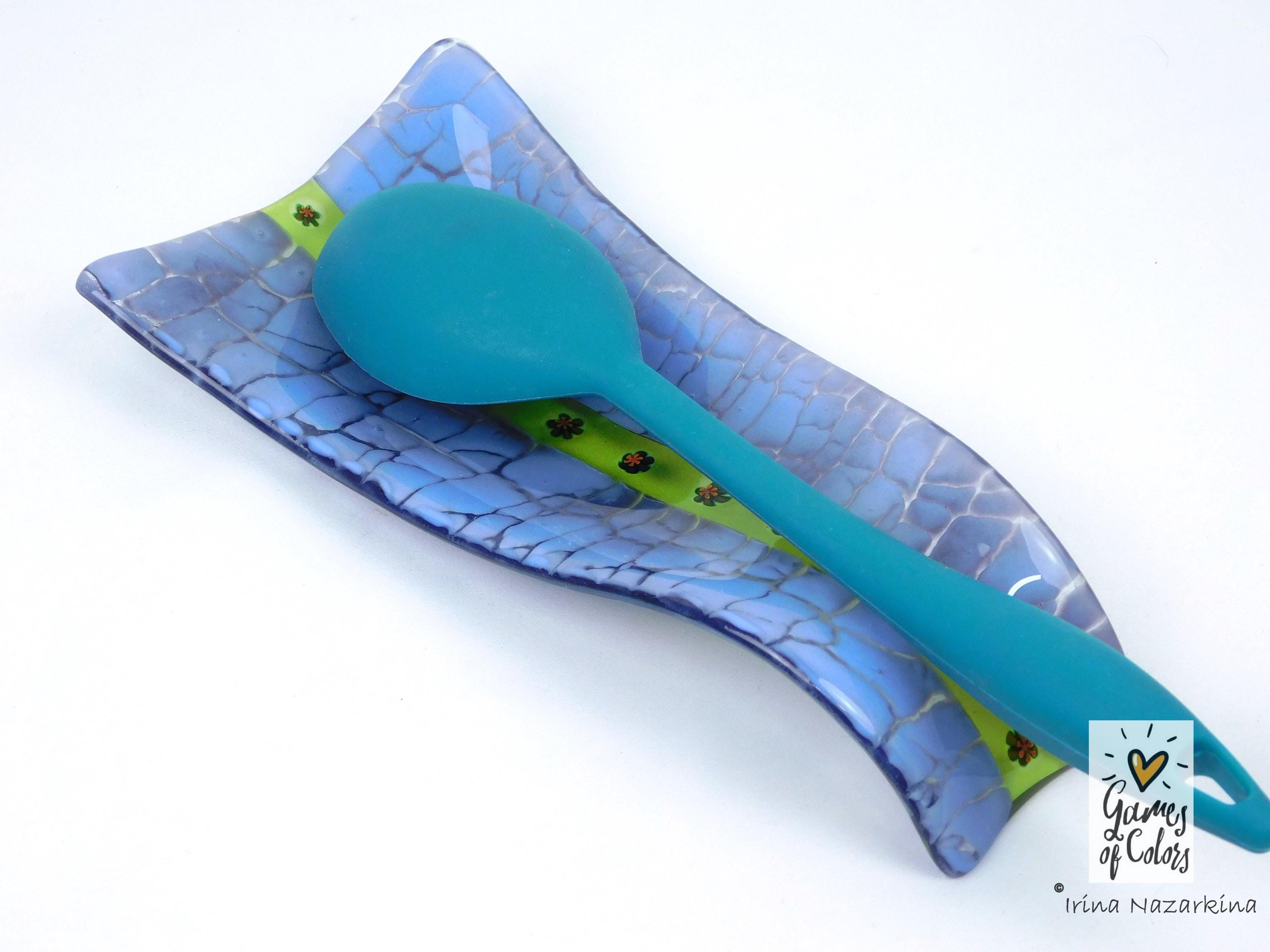 Meadow Ribbon – Fused Glass Spoon Rest / Floral Green Kitchen Art