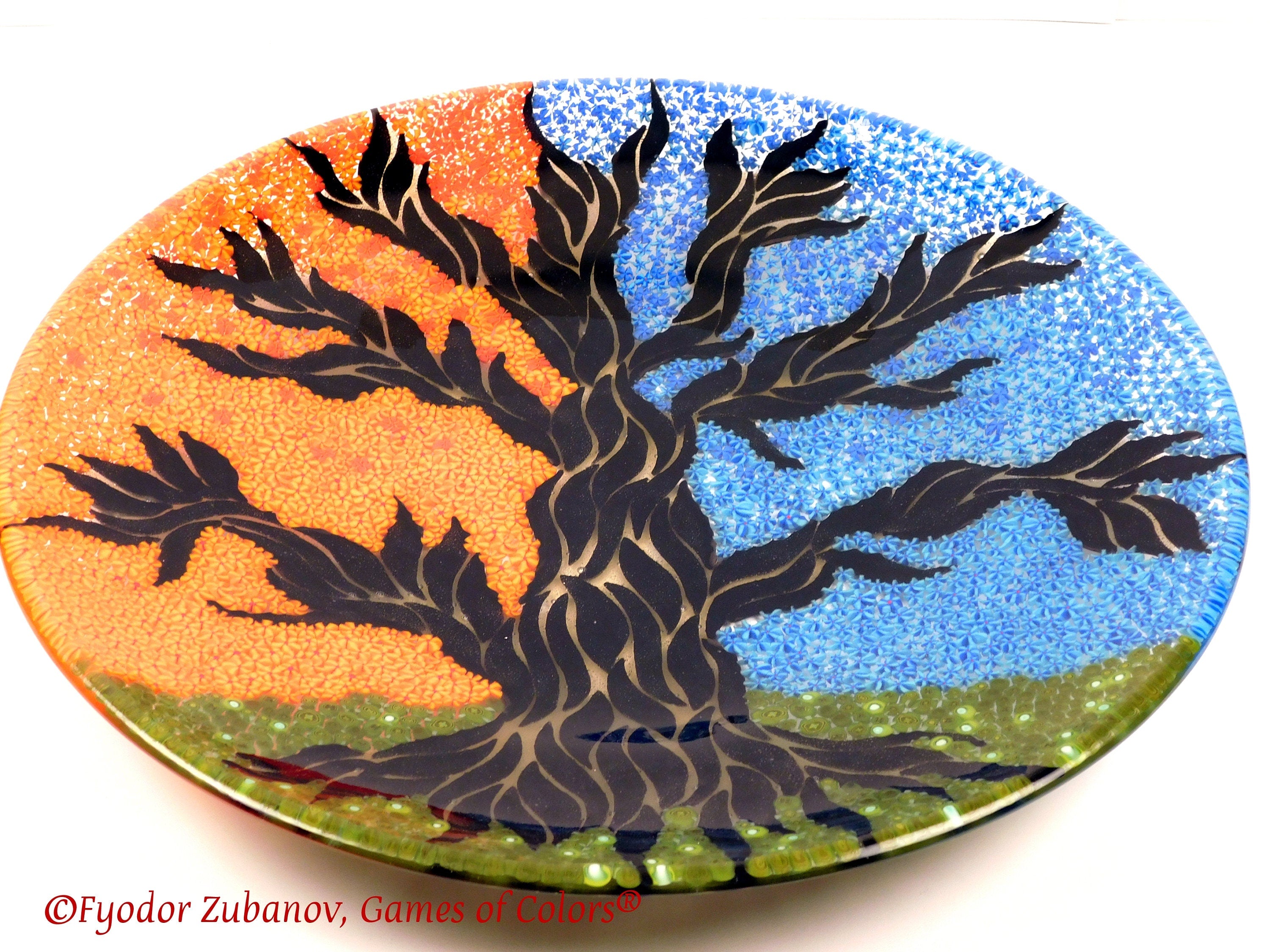 Fused Glass Tree of Life Platter: Decorative Centerpiece (15.5")