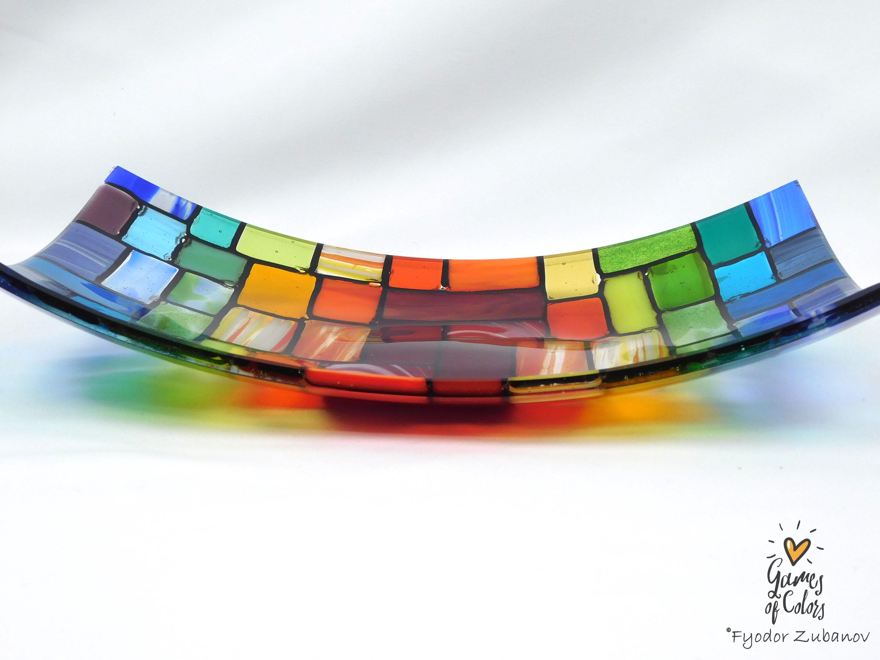 Fused Glass Plate "Rainbow Rocky Road"; Bowl for fruits; Rectangular Centerpiece Bowl, Handmade