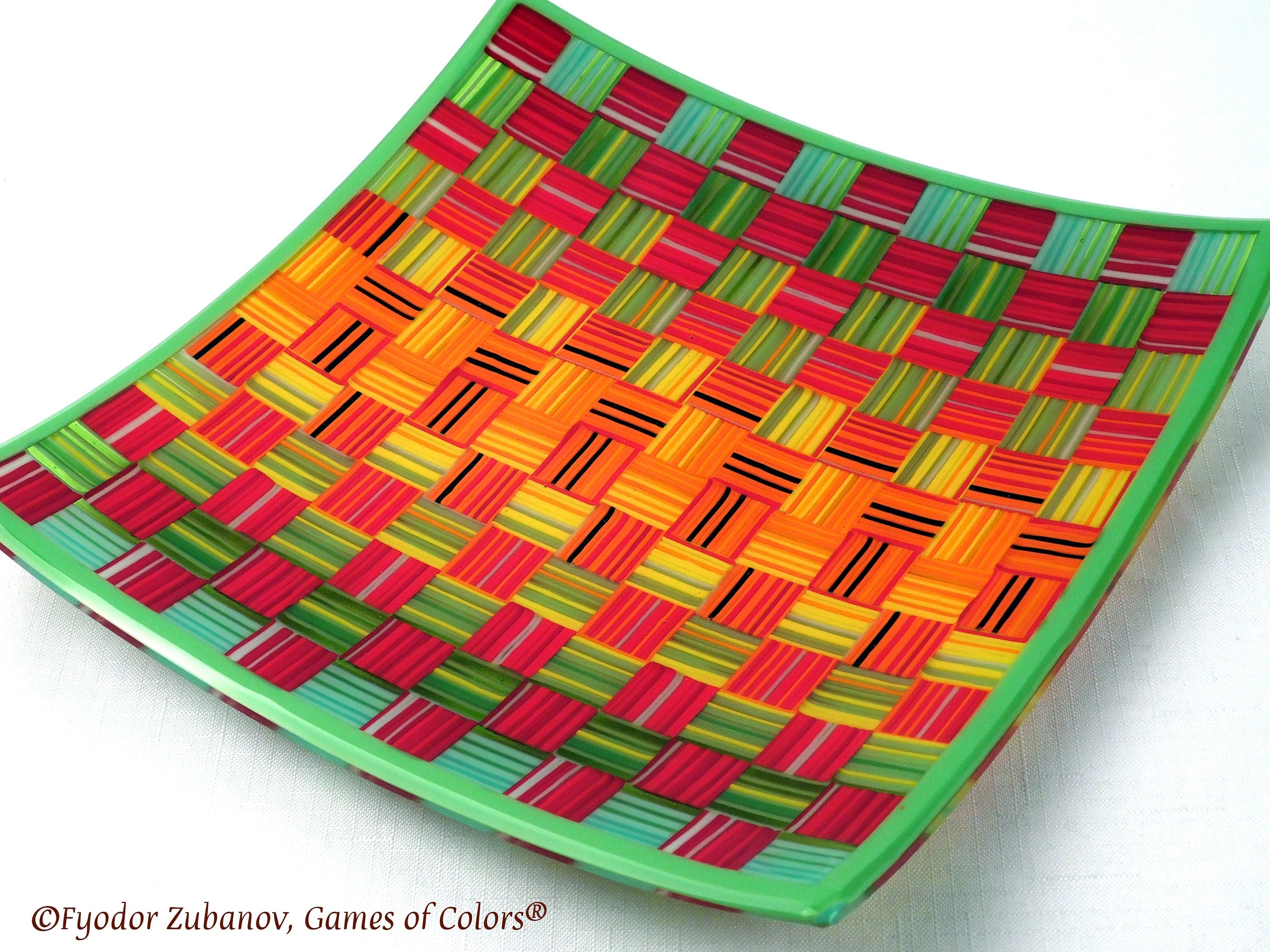 Fused Glass Plate: Striped Checkers Design, Art Glass Centerpiece