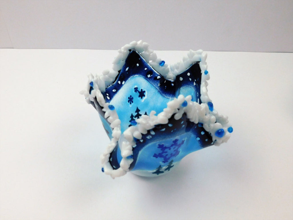 Winter holidays candle holder.  Blue and white fused glass. Original design.