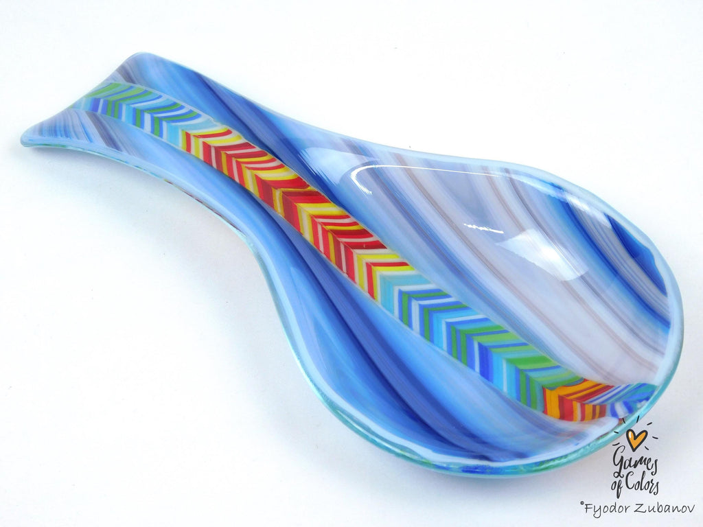 A fused glass decorative spoon rest "Spectrum Leap"