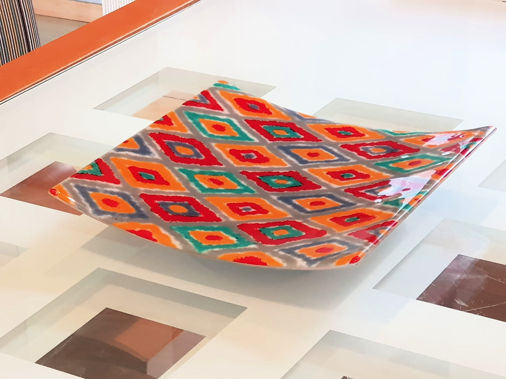 Fused Glass Fruit Bowl: "Oriental Fabric I" Geometric Art Glass