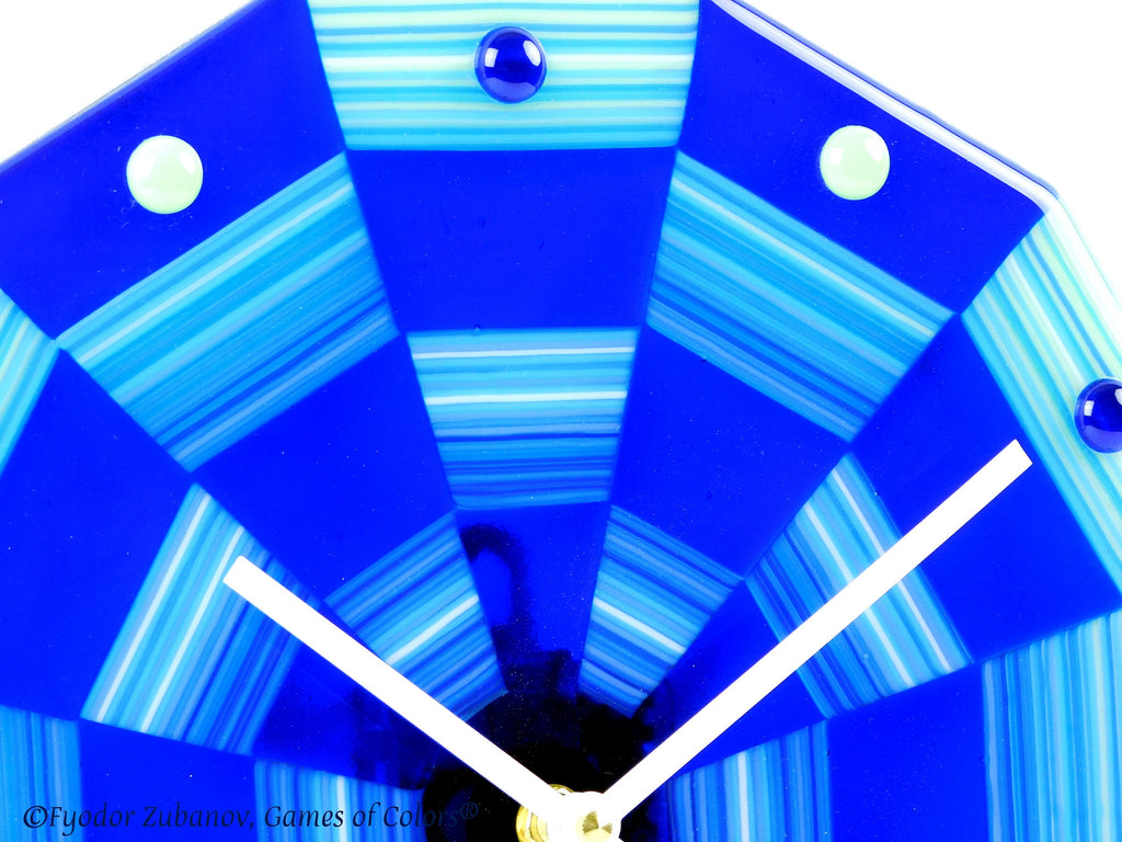 Fused Glass Wall Clock: "Blue Ribbons" Art Glass, Silent Quartz