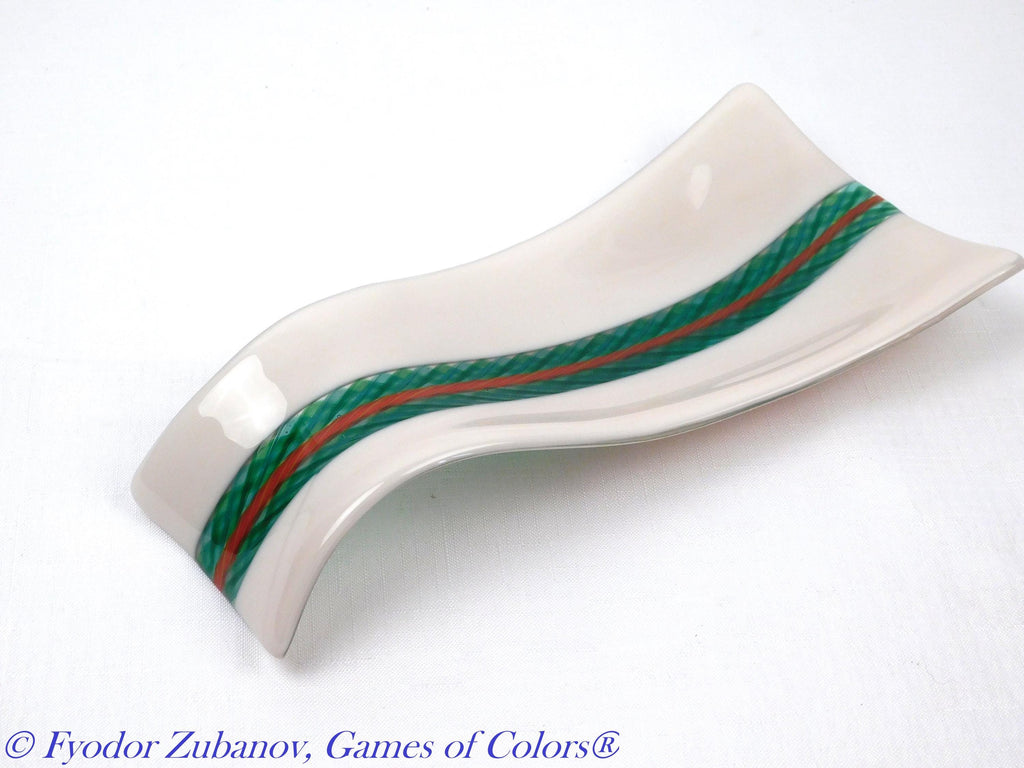 A hand-crafted glass decorative spoon rest "Grean stream"; fused glass; kitchen accent