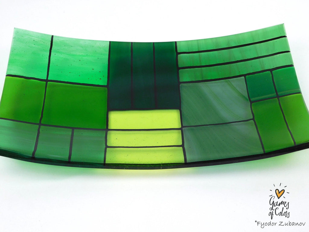 Fused Glass Plate: Rectangular Green Art Glass Centerpiece (12.25 x 7.25 inches)