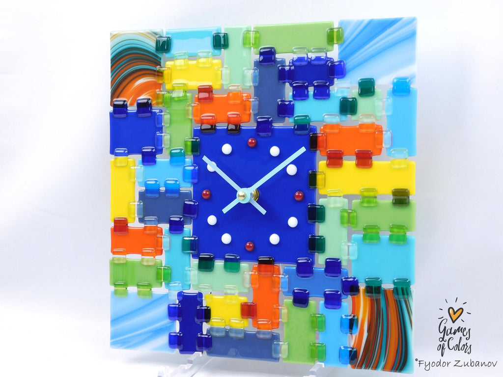 Fused Glass Square Wall Clock - Blue dial, multicolor face