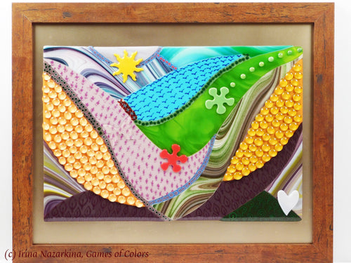 A decorative fused glass art object "Valley of Light" | room accent | wall art | glass art | mixed media art | murrini