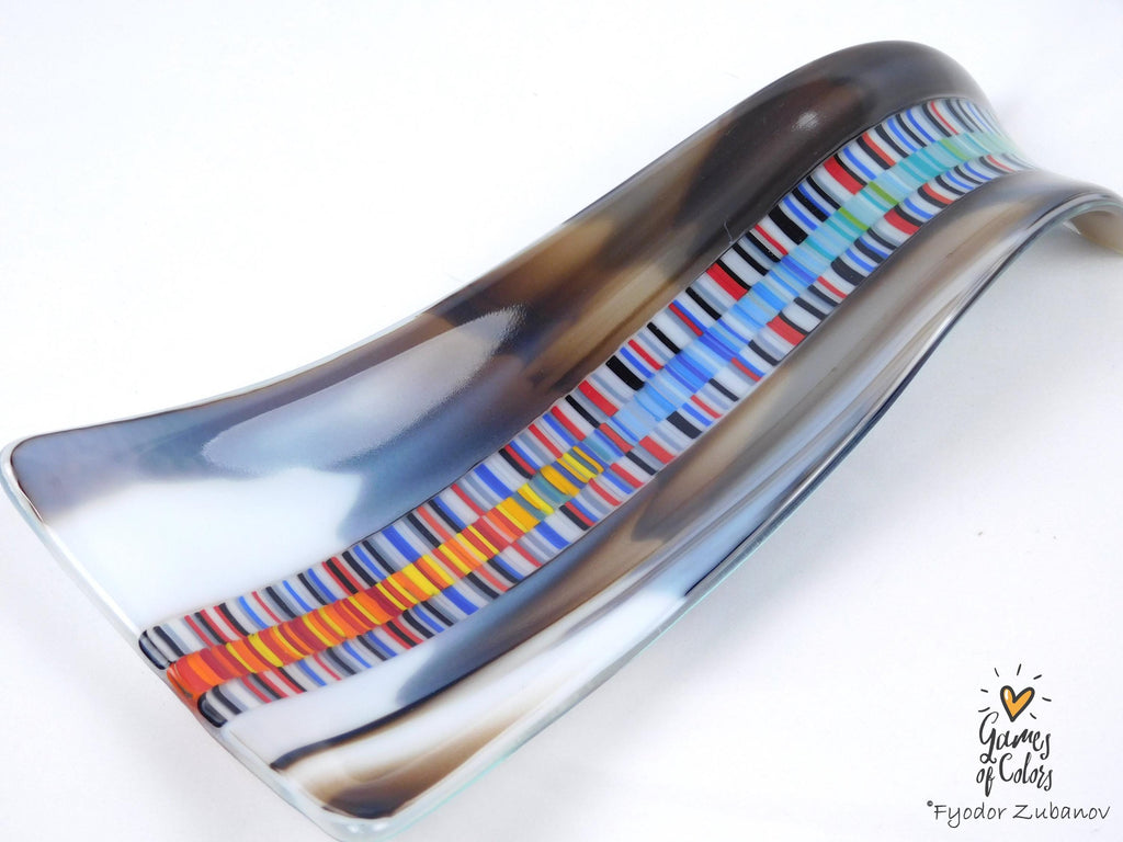 A hand-crafted glass decorative spoon rest "Chromatic current"; fused glass; kitchen accent