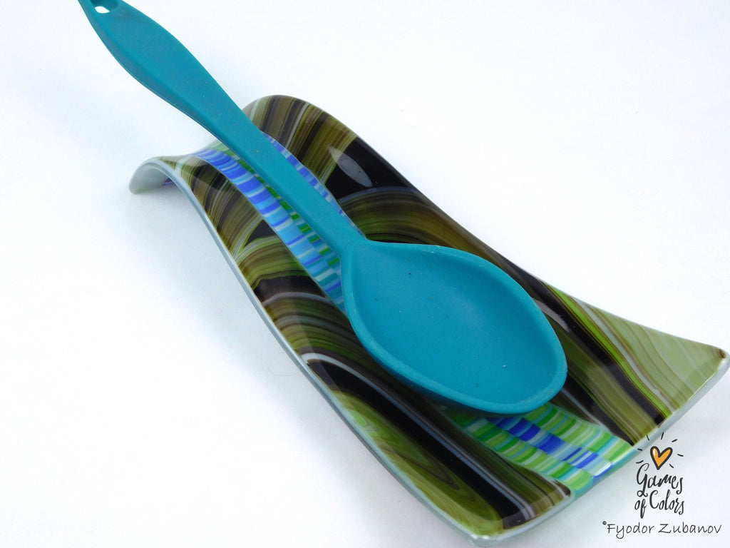 A fused glass decorative spoon rest "Oasis Mosaic". Kitchen Art dish