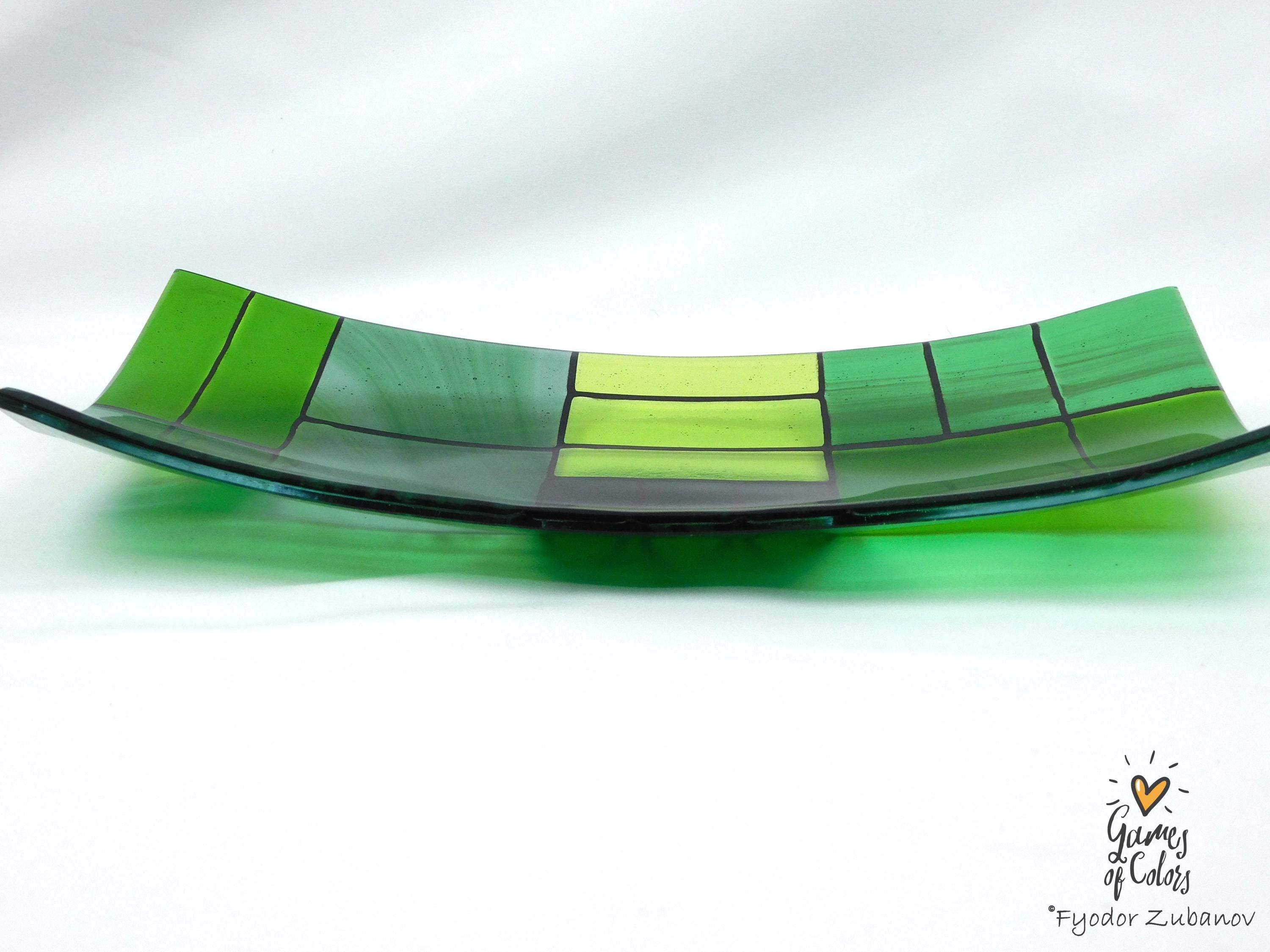 Fused Glass Plate: Rectangular Green Art Glass Centerpiece (12.25 x 7.25 inches)