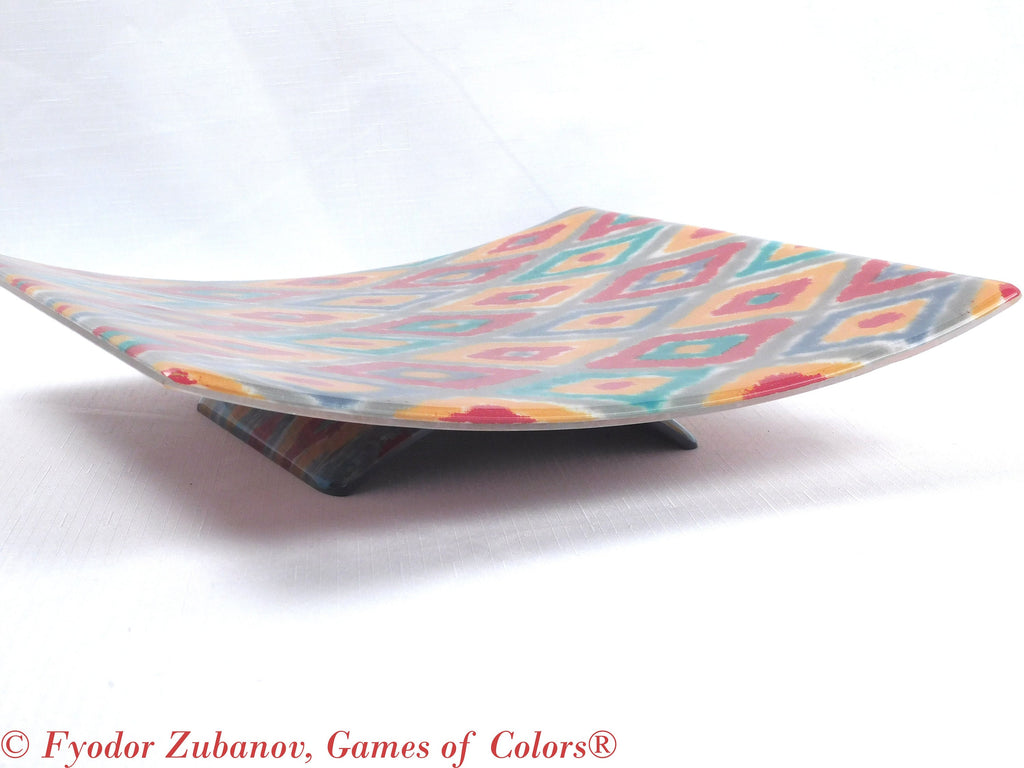 Fused Glass Fruit Bowl: "Oriental Fabric I" Geometric Art Glass