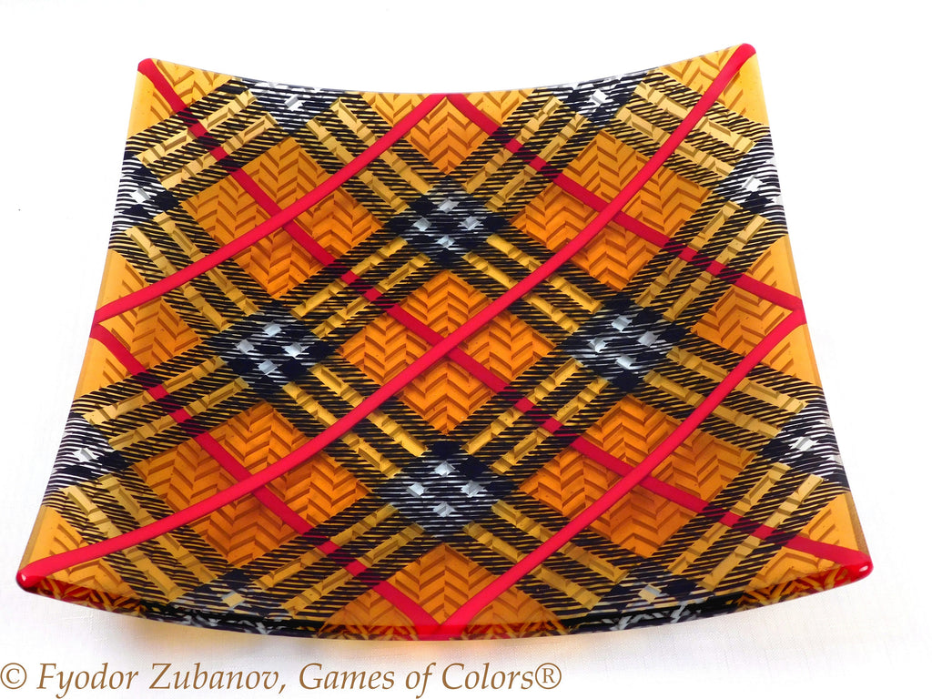 Fused Glass Tartan Plate: Black and Amber Geometric Art