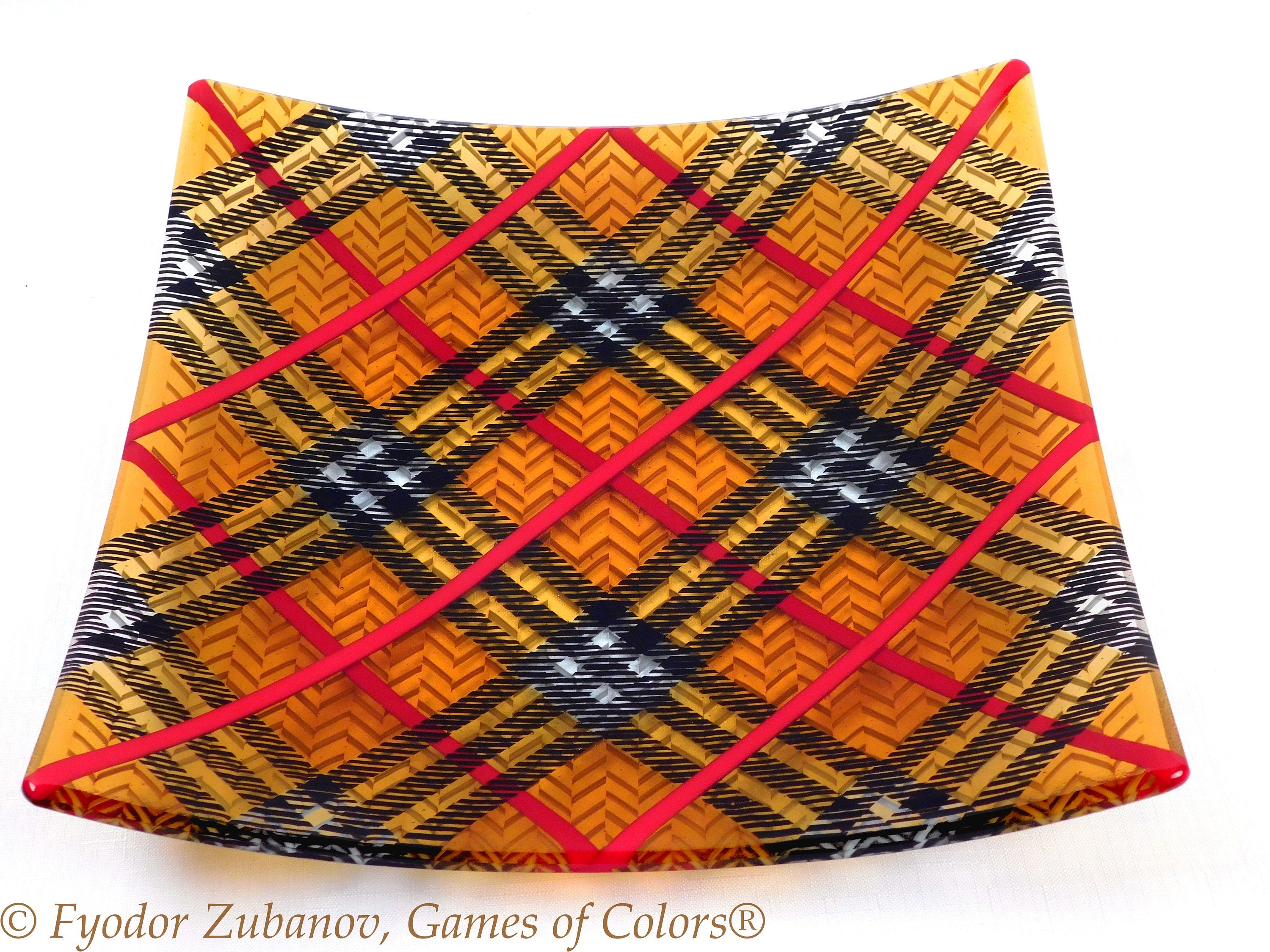 Fused Glass Tartan Plate: Black and Amber Geometric Art