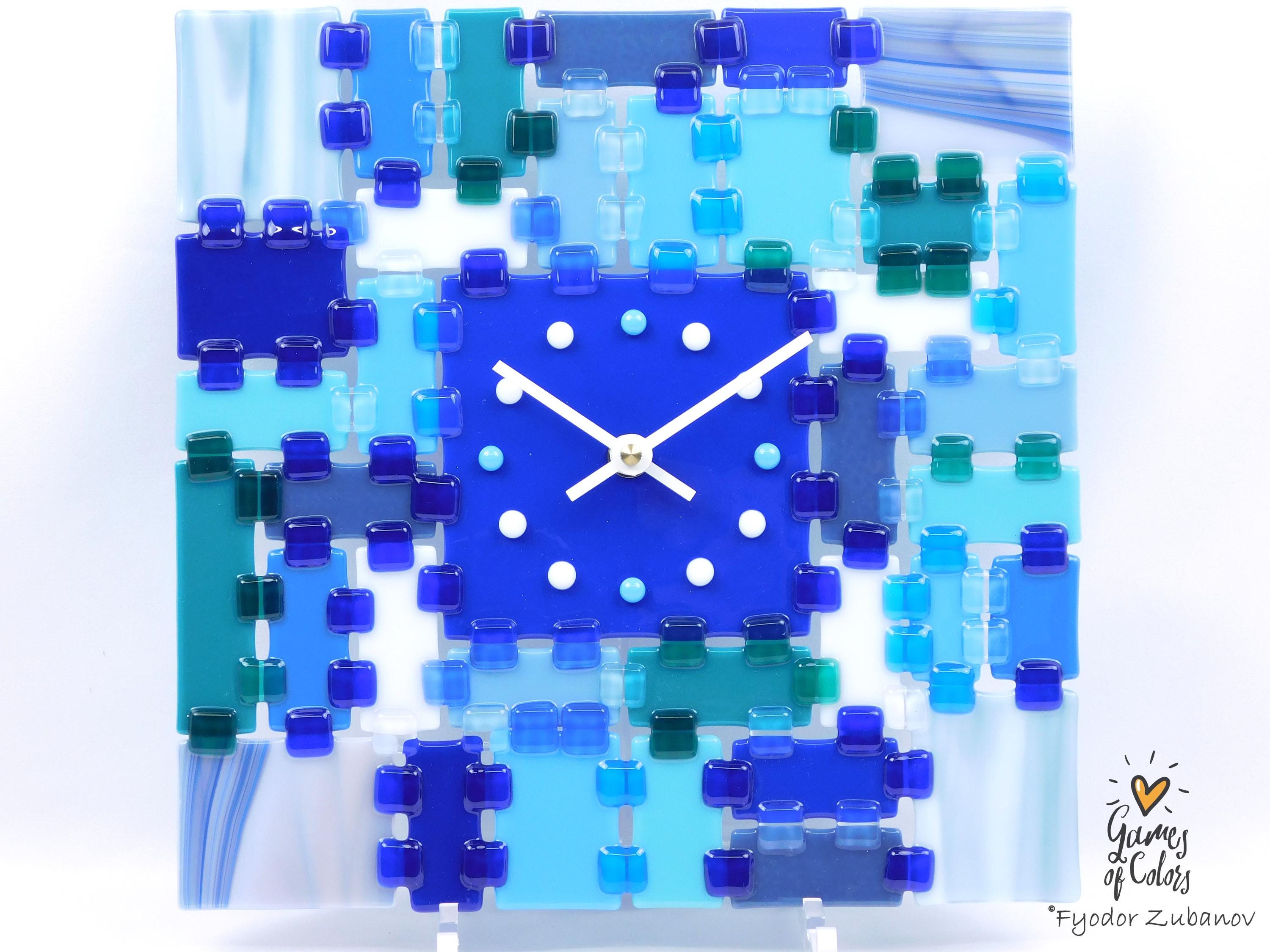 Fused Glass Square Wall Clock - Modern Silent Clock, Blue