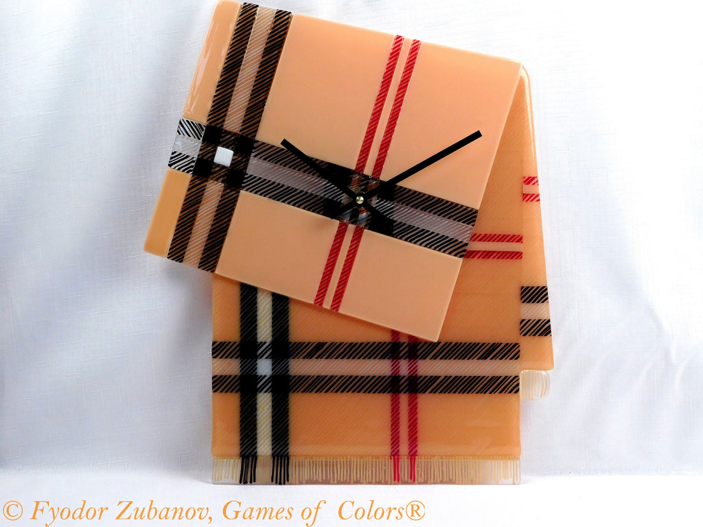 A decorative stylish wall clock "Tartan B"; fused glass, battery powered, one-of-a-kind, anniversary present