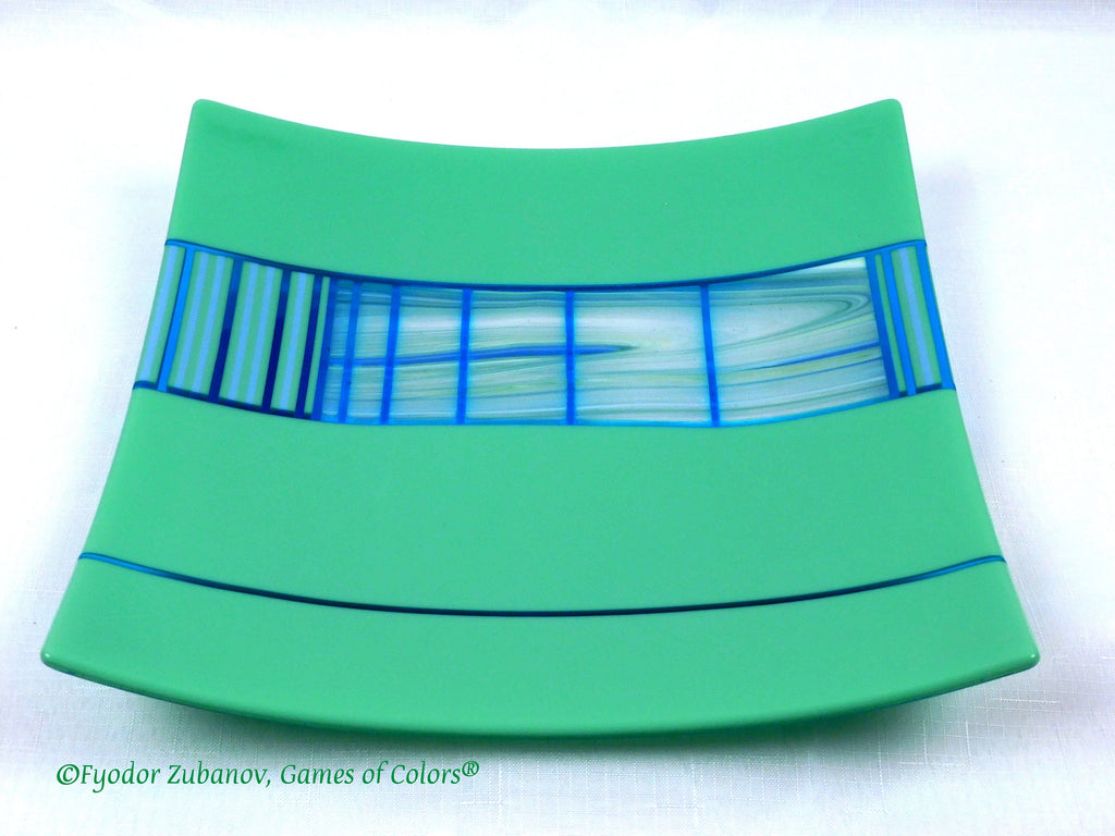 Fused Glass Square Plate: Spring Green Striped Centerpiece