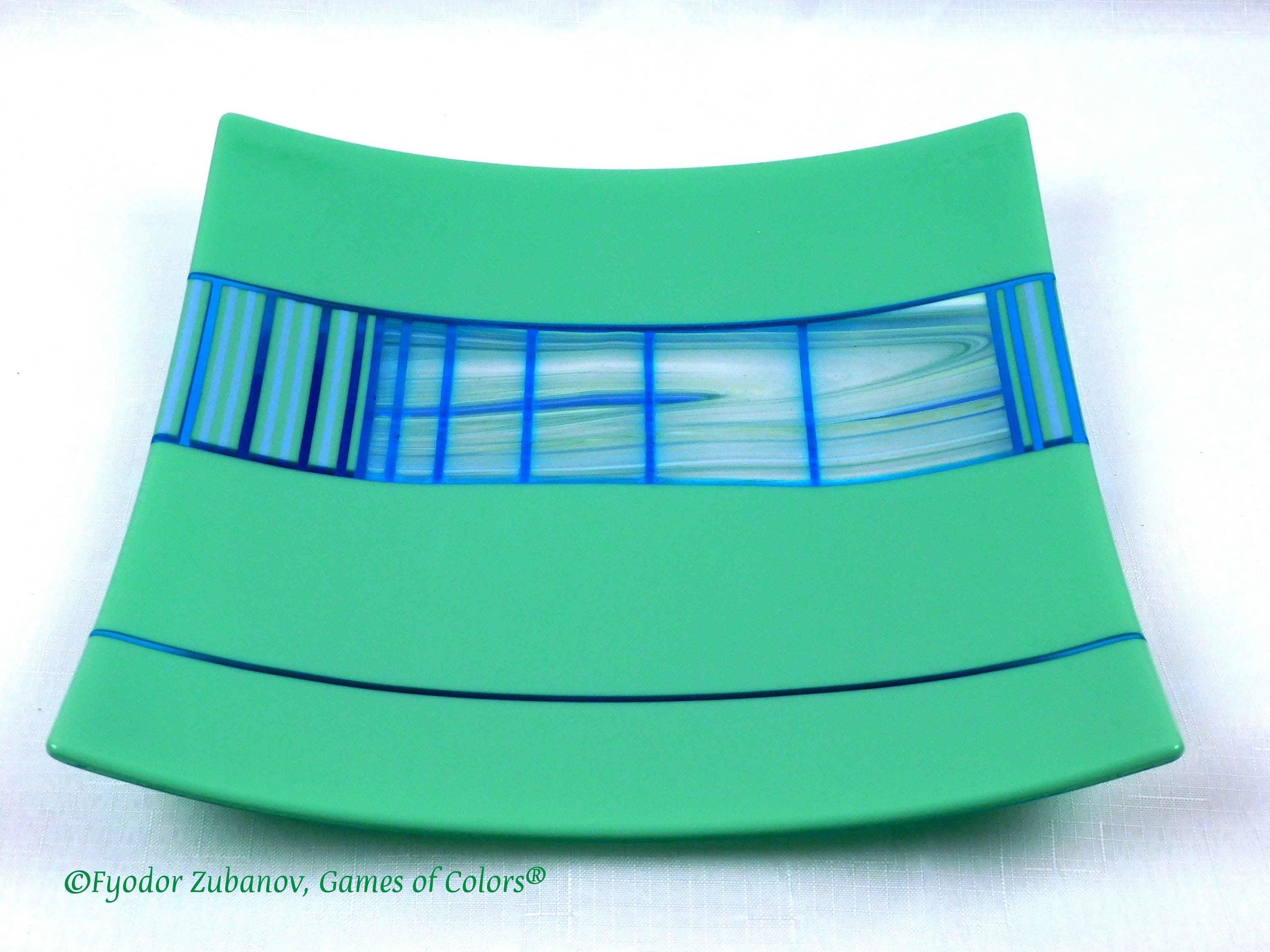 Fused Glass Square Plate: Spring Green Striped Centerpiece