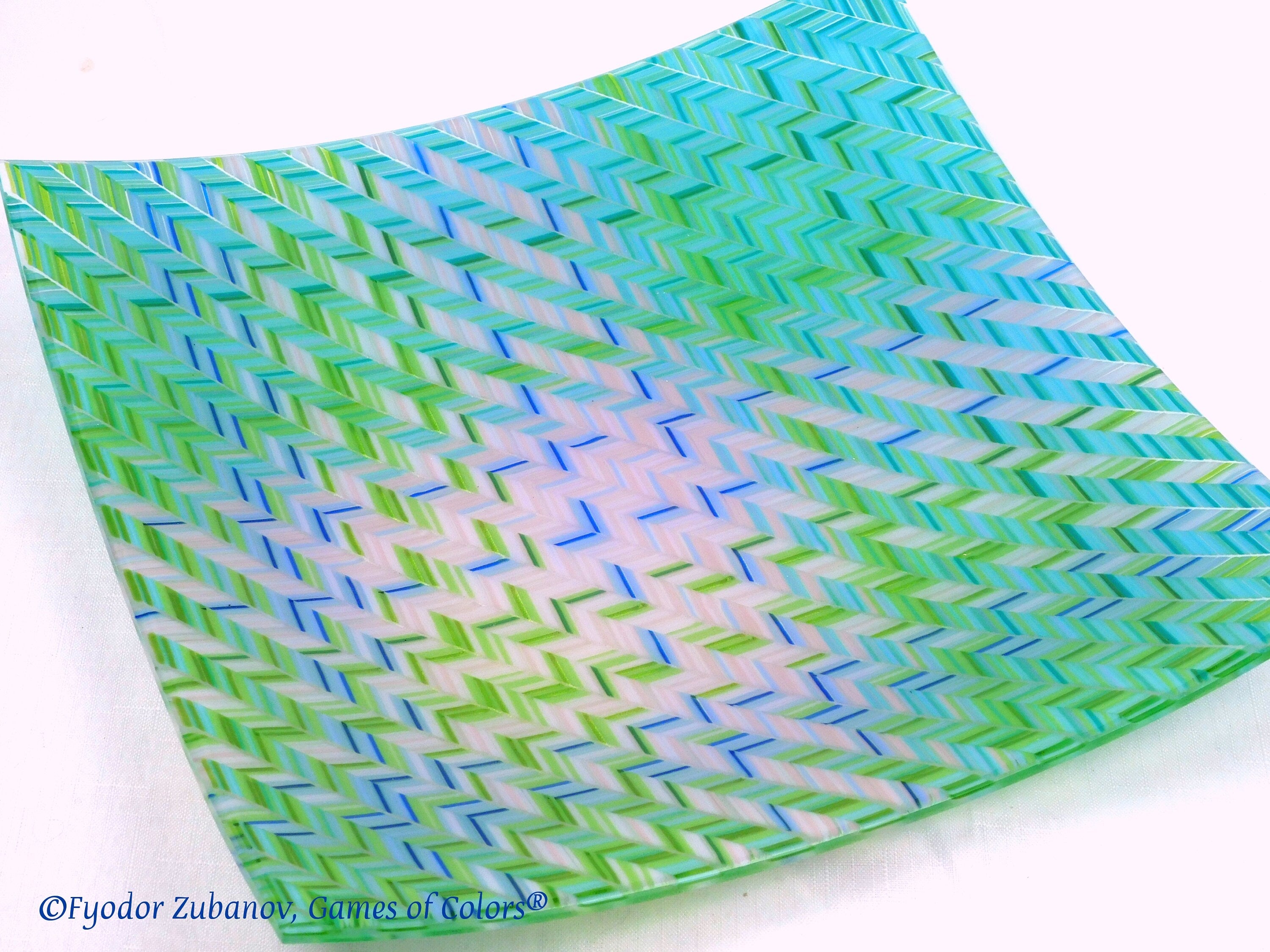 Fused Glass Plate: "Blue Stitches" Chevron Art Glass Tray (12x12 inches)
