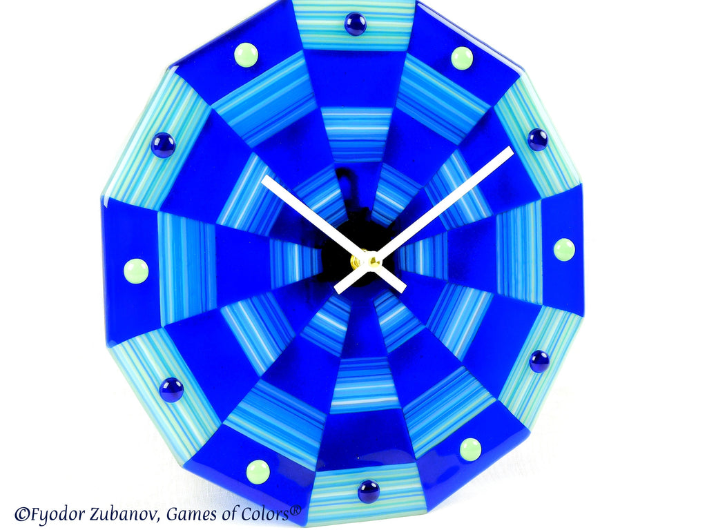 Fused Glass Wall Clock: "Blue Ribbons" Art Glass, Silent Quartz