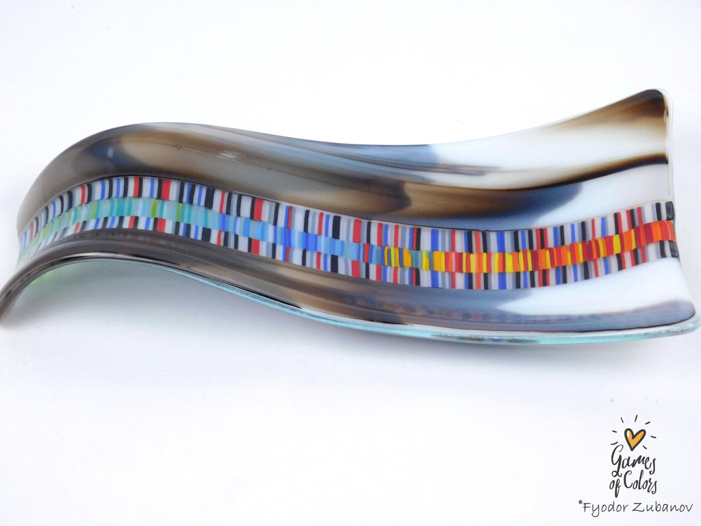 A hand-crafted glass decorative spoon rest "Chromatic current"; fused glass; kitchen accent