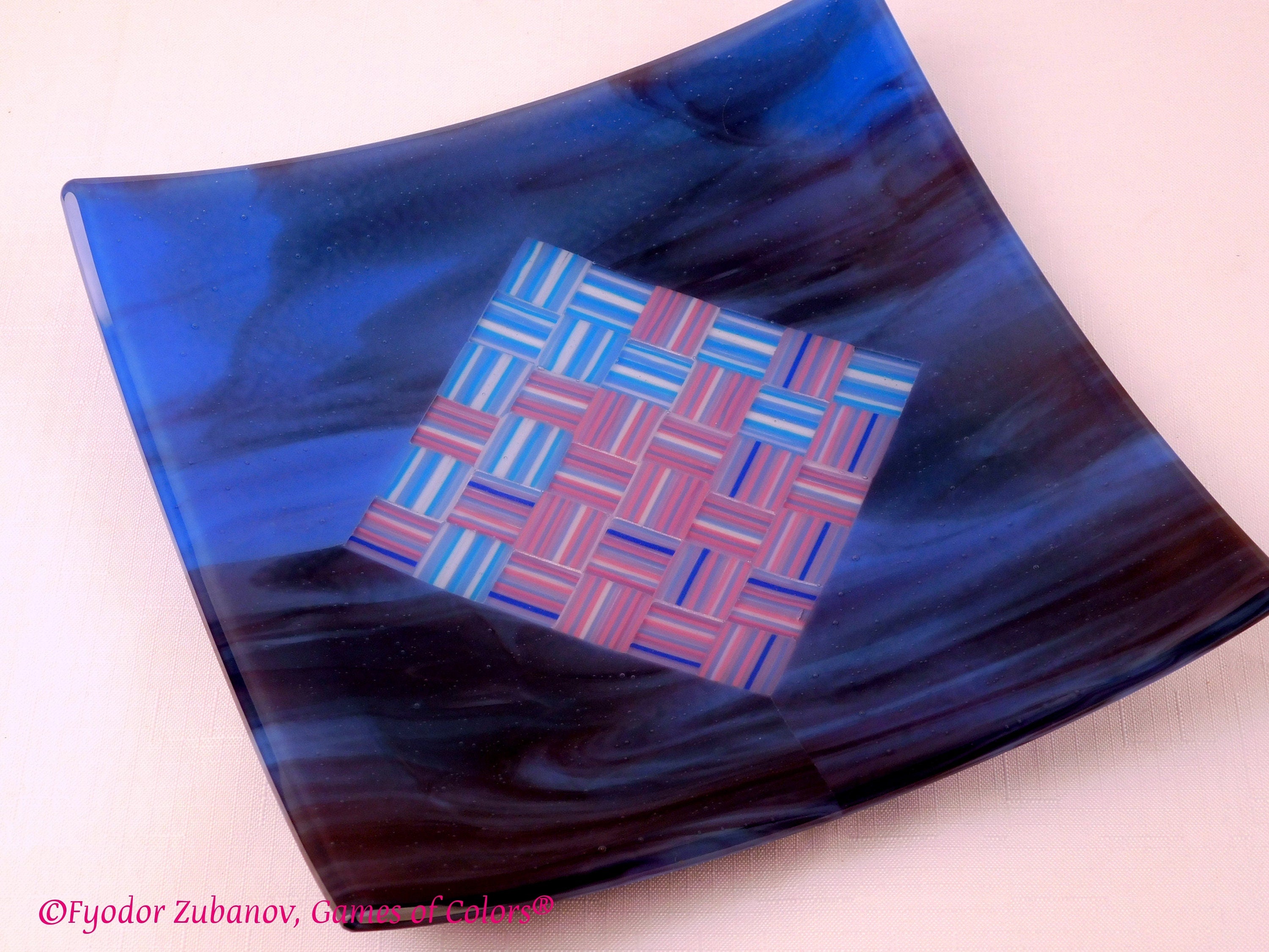 A decorative square plate "Woven ribbons in the diamond"; fused glass; geometrical design; art glass; centerpiece;