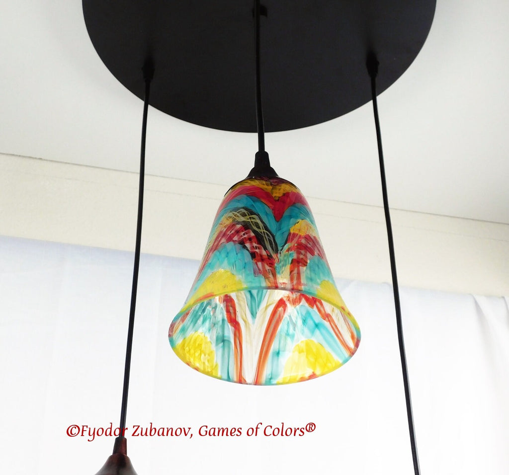 Fused Glass Pendant Light: Colorful Art Glass, Black Cord