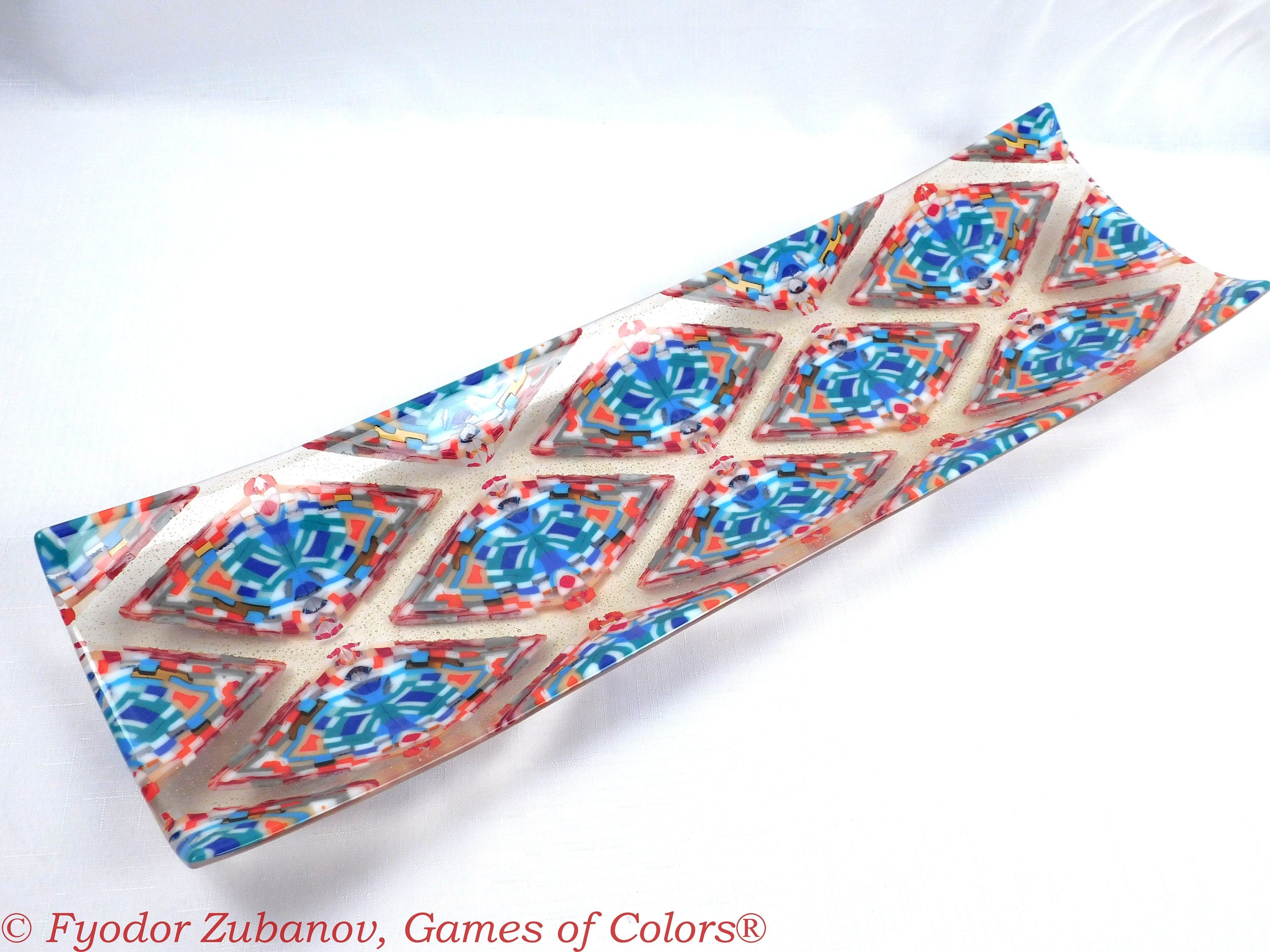 A large glass channel tray "Diamonds in Champagne"; Decorative Plate; Centerpiece; fused glass.