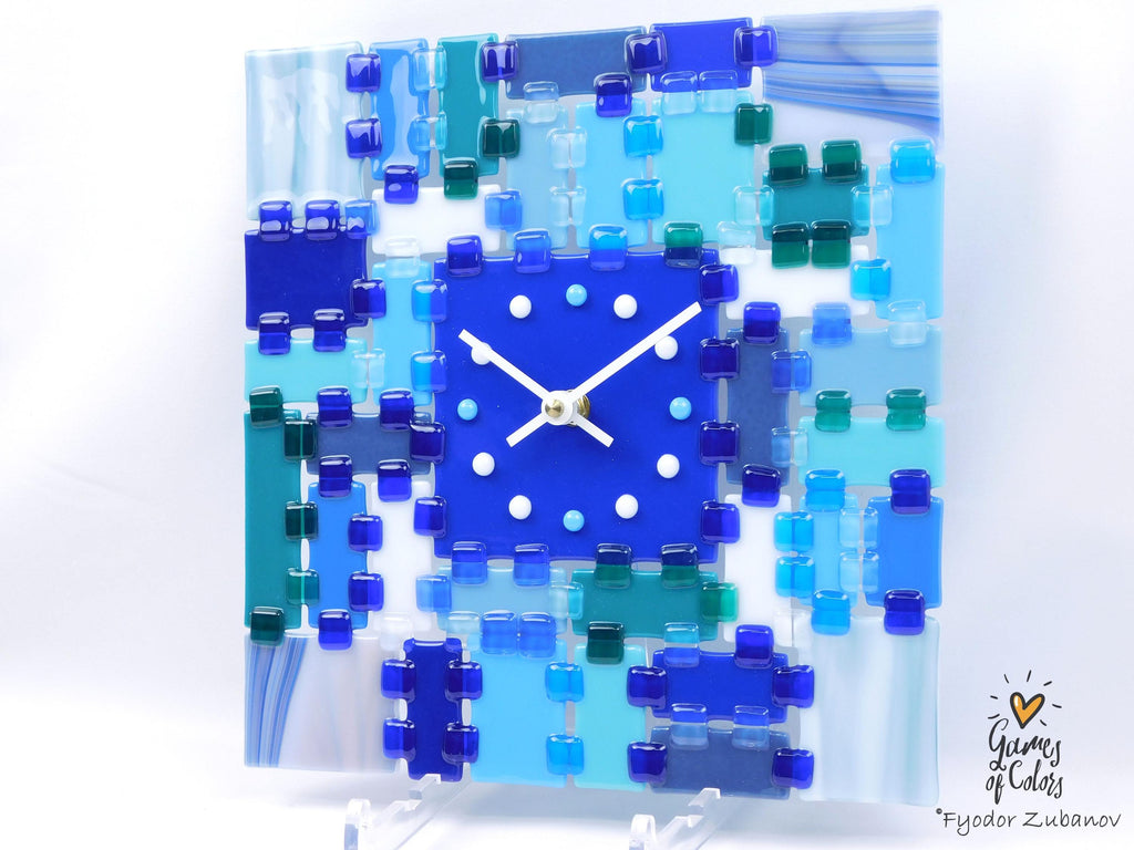 Fused Glass Square Wall Clock - Modern Silent Clock, Blue