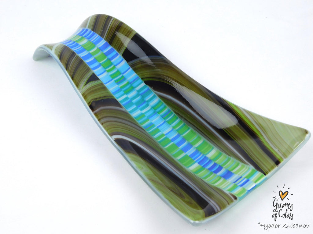 A fused glass decorative spoon rest "Oasis Mosaic". Kitchen Art dish